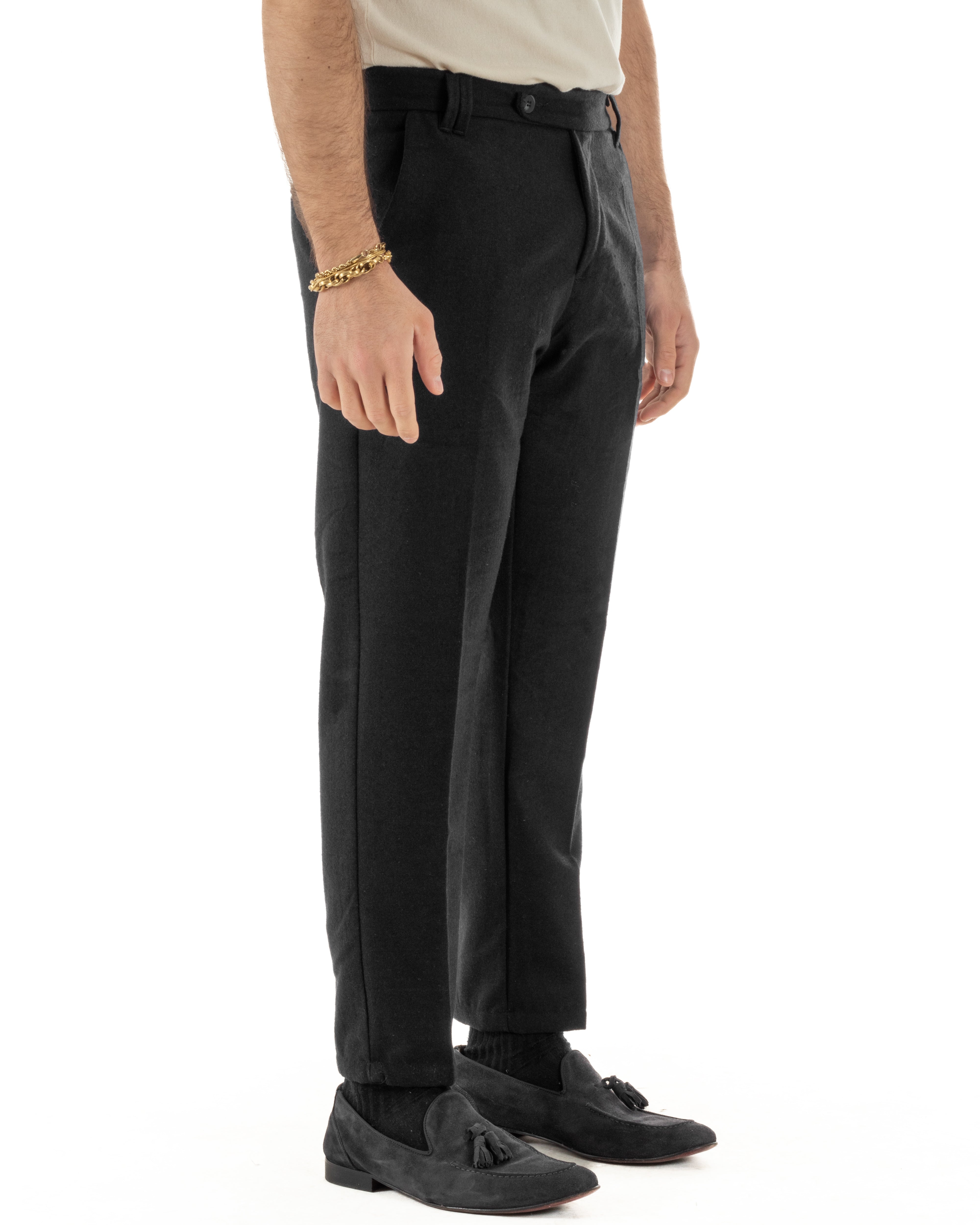Pantaloni Uomo Lana Abbottonatura Allungata Classico Basic Nero P6434A