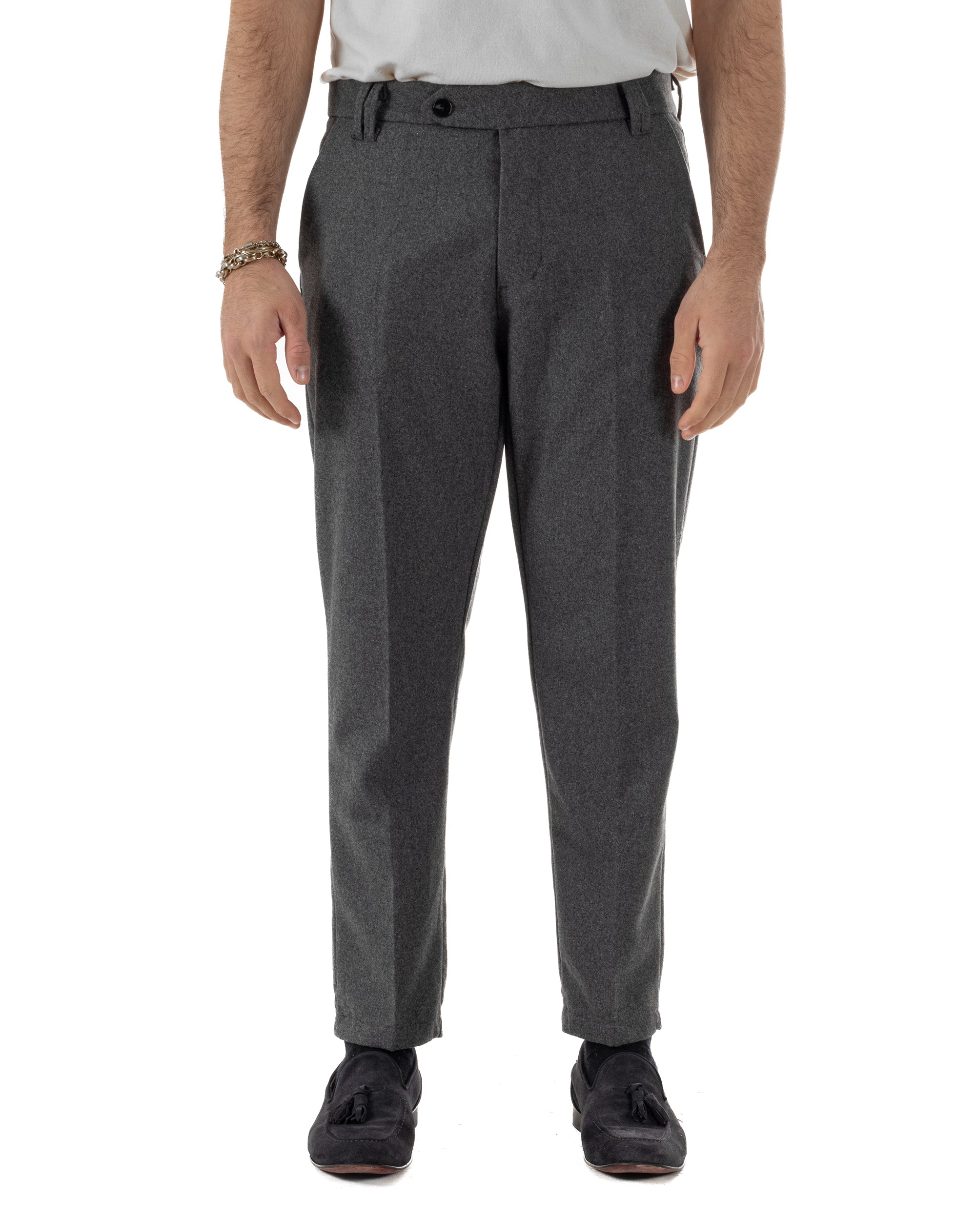 Pantaloni Uomo Lana Abbottonatura Allungata Classico Basic Grigio P6435A