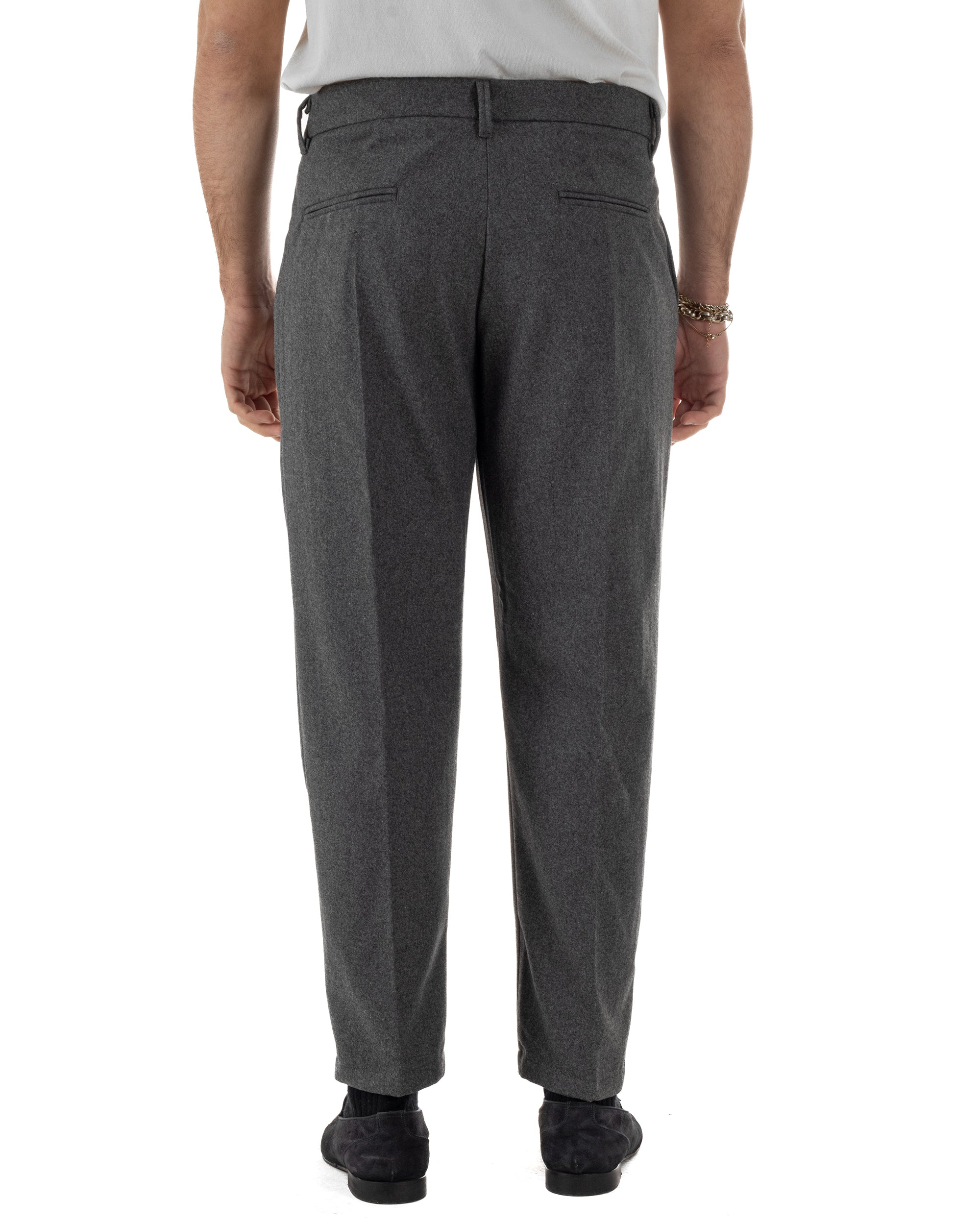 Pantaloni Uomo Lana Abbottonatura Allungata Classico Basic Grigio P6435A