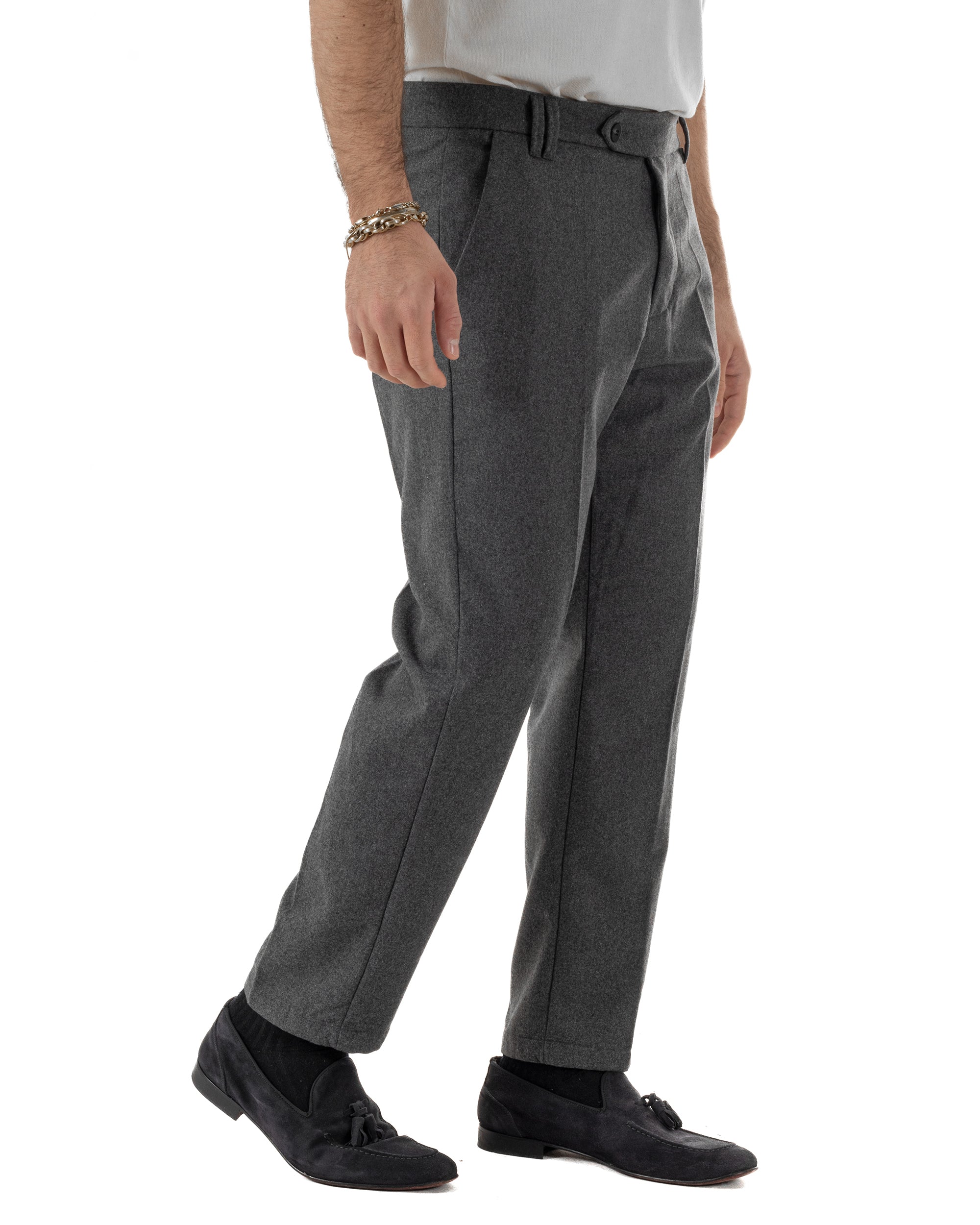 Pantaloni Uomo Lana Abbottonatura Allungata Classico Basic Grigio P6435A
