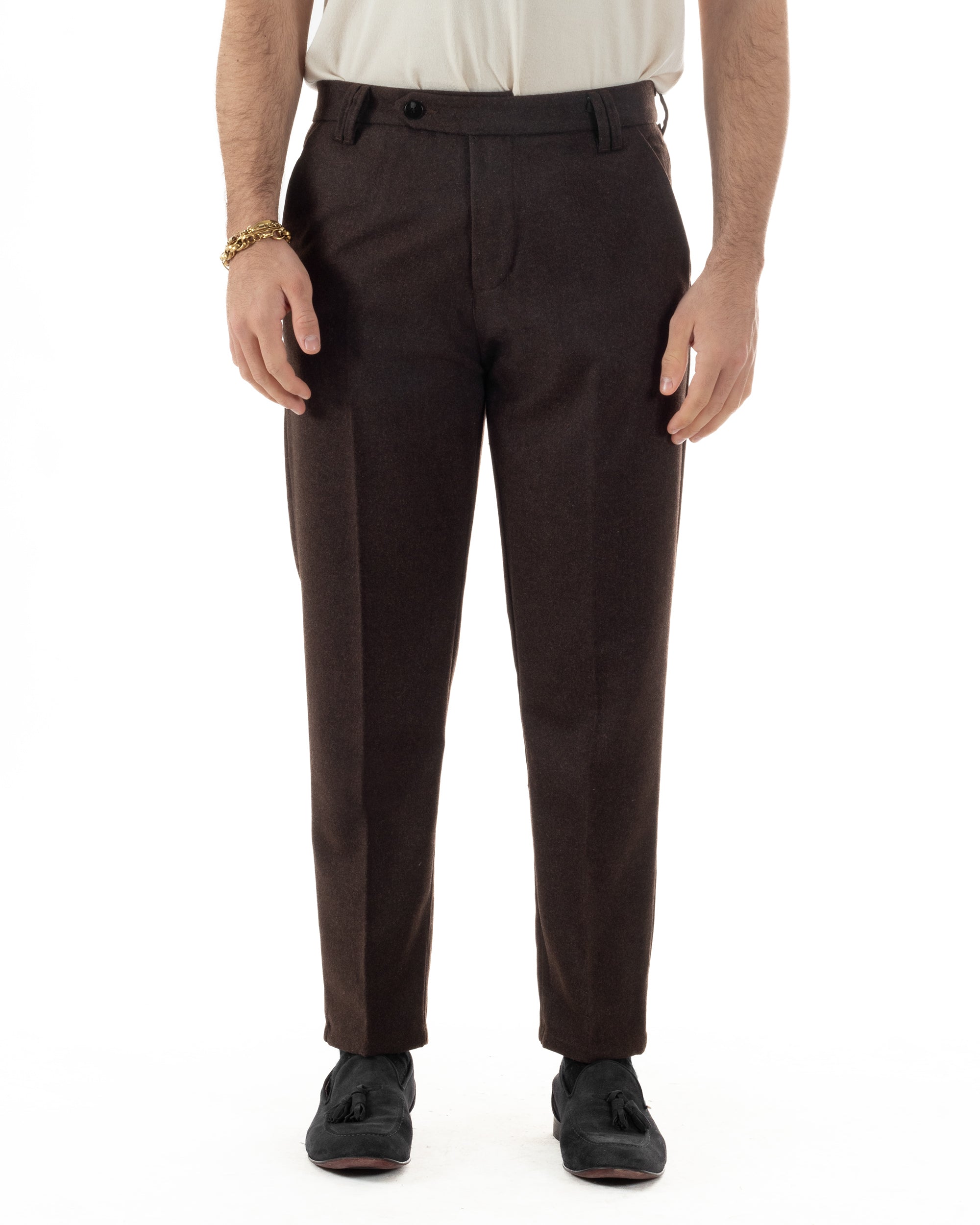 Pantaloni Uomo Lana Abbottonatura Allungata Classico Basic Marrone P6436A
