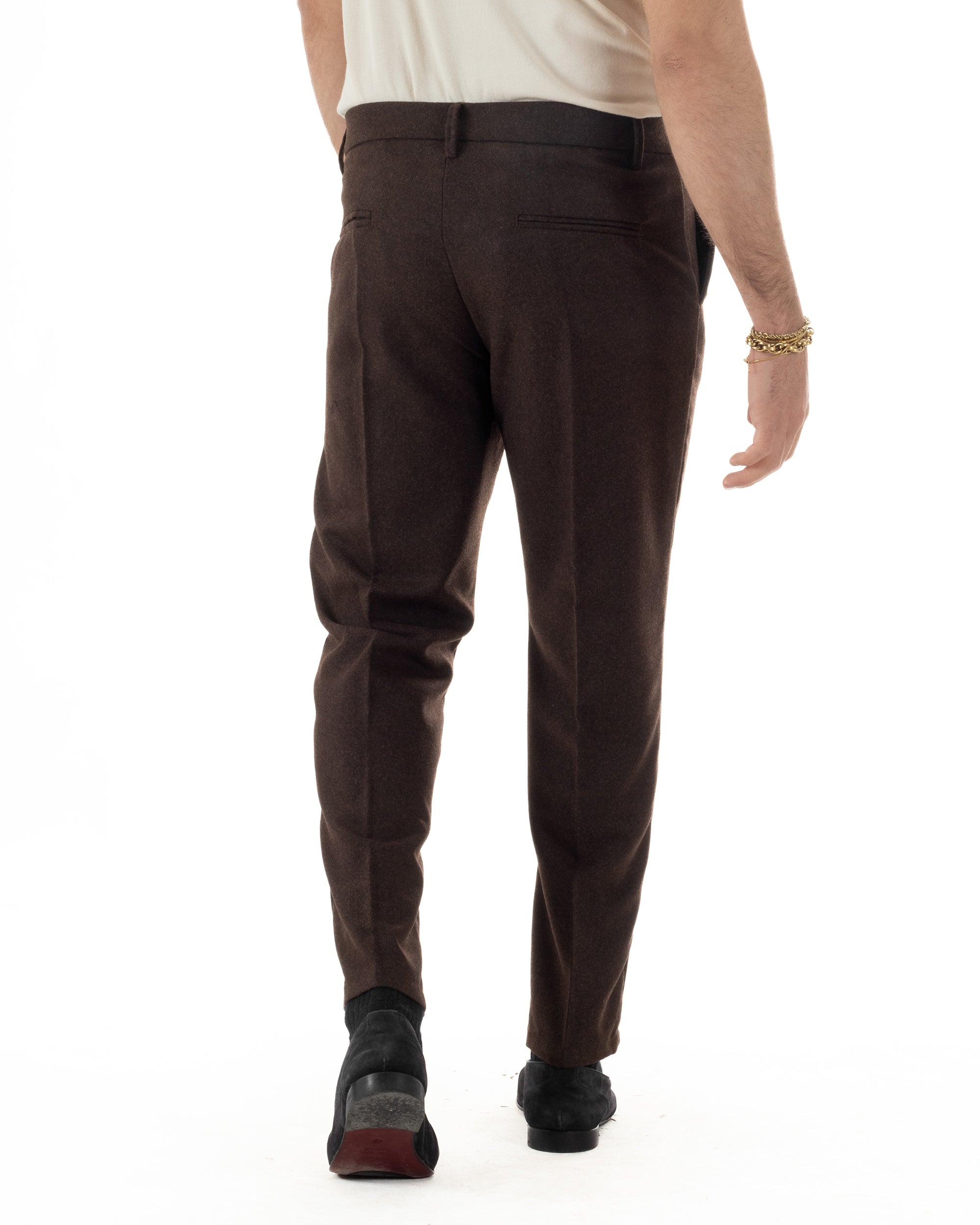 Pantaloni Uomo Lana Abbottonatura Allungata Classico Basic Marrone P6436A