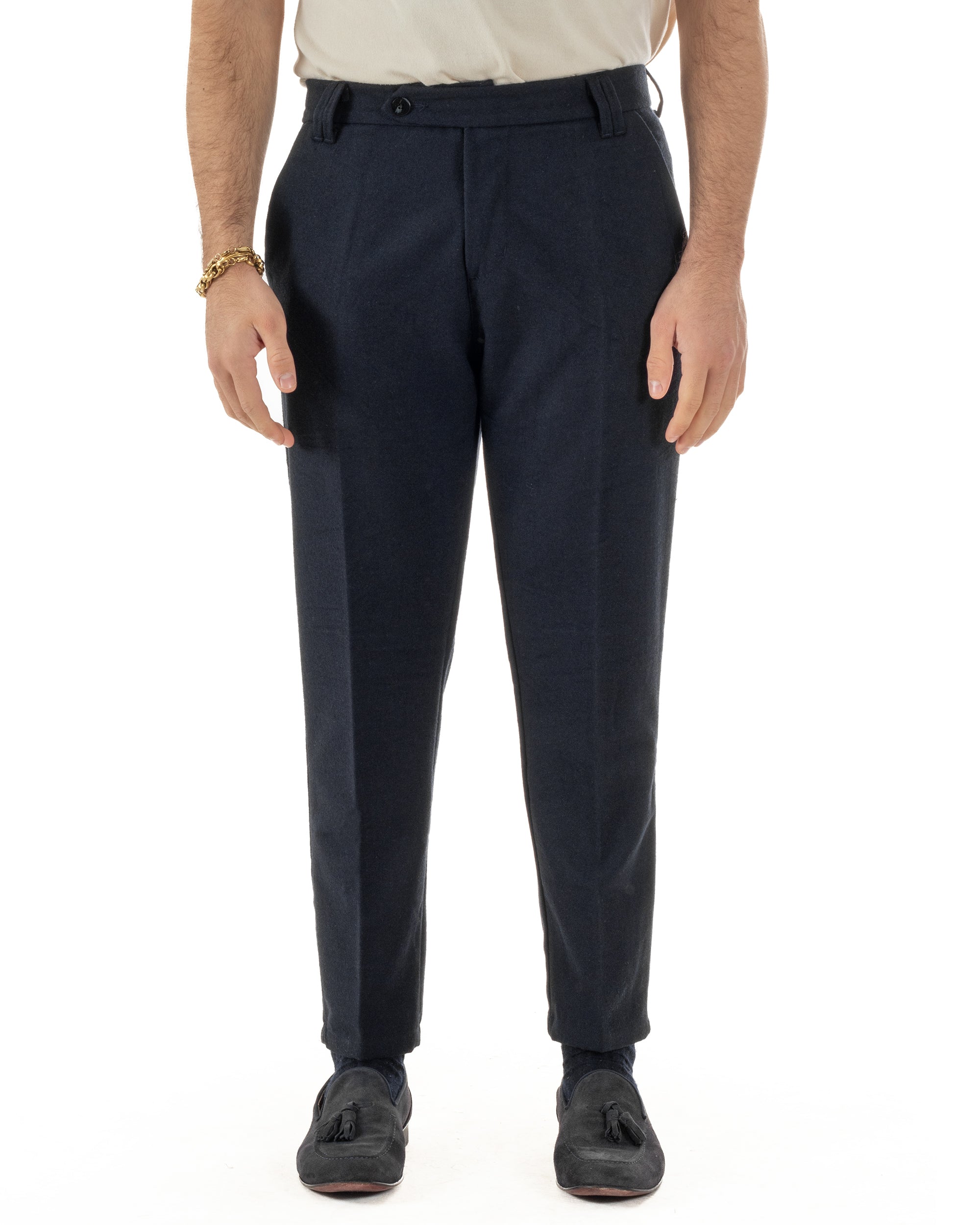 Pantaloni Uomo Lana Abbottonatura Allungata Classico Basic Blu P6437A