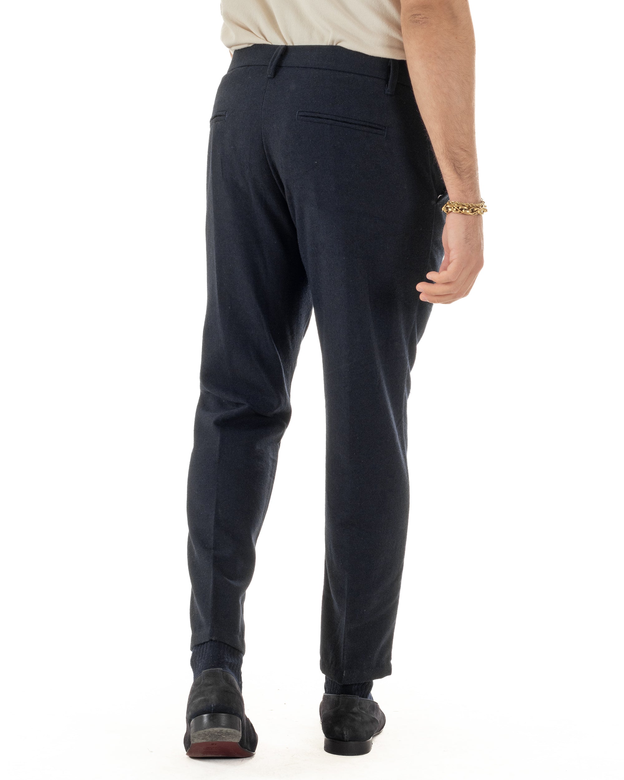 Pantaloni Uomo Lana Abbottonatura Allungata Classico Basic Blu P6437A