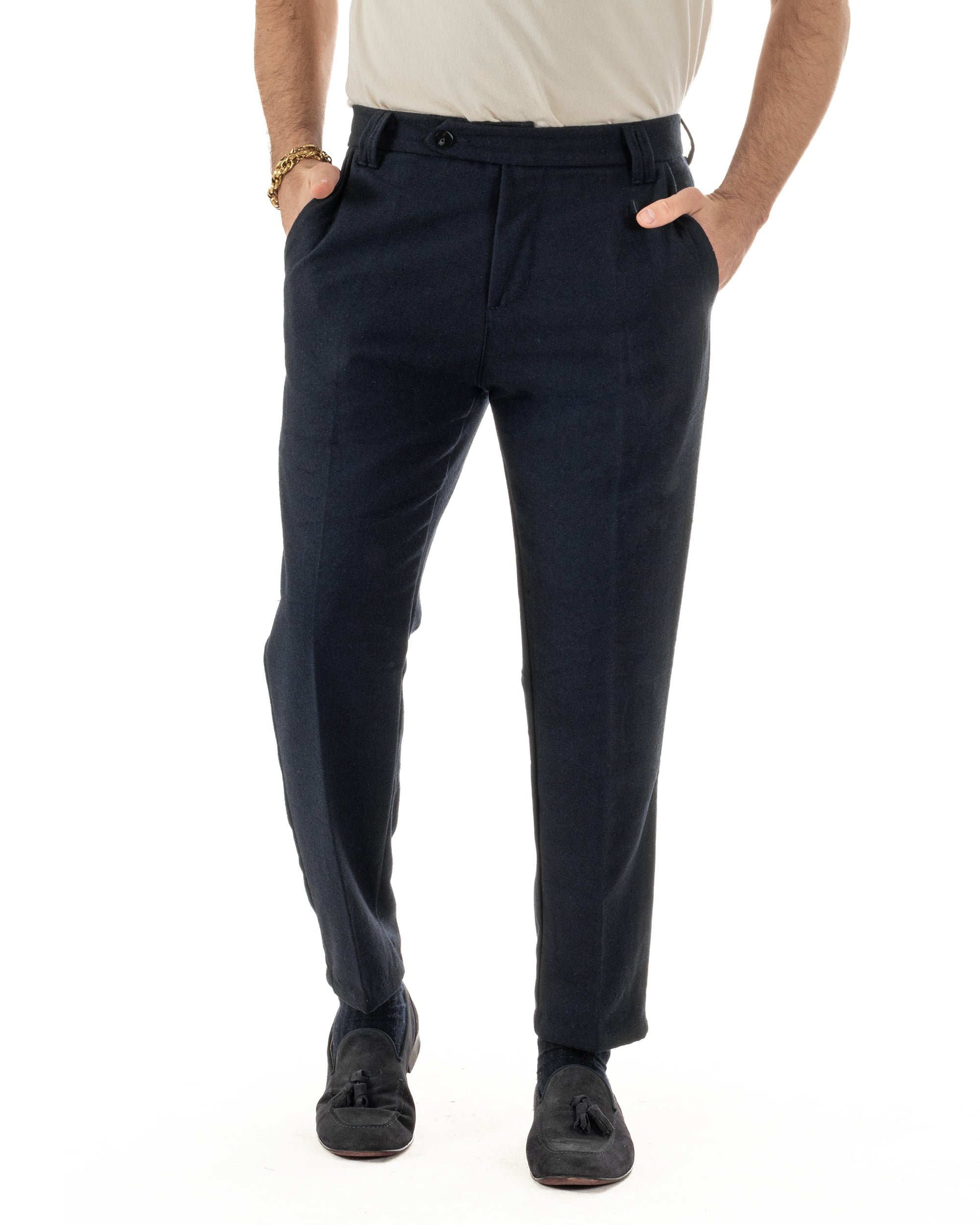Pantaloni Uomo Lana Abbottonatura Allungata Classico Basic Blu P6437A
