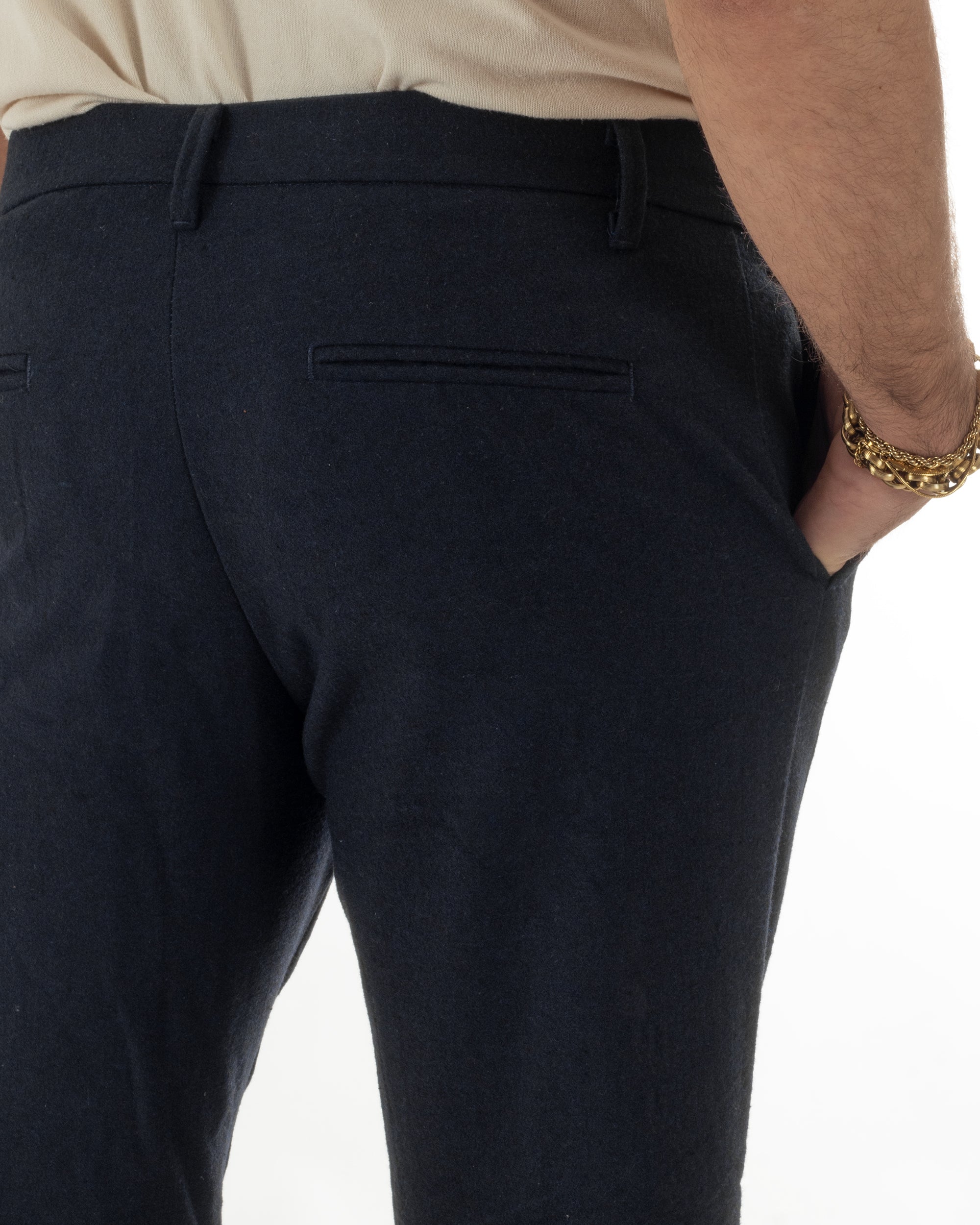 Pantaloni Uomo Lana Abbottonatura Allungata Classico Basic Blu P6437A
