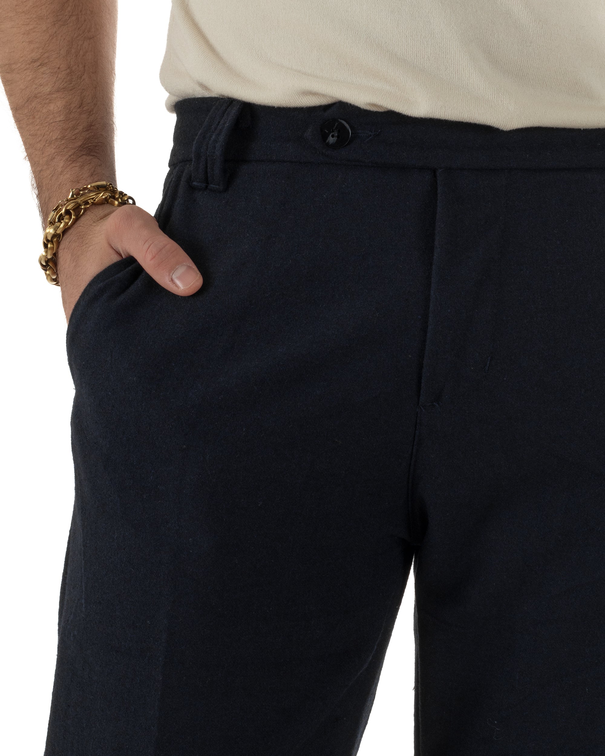 Pantaloni Uomo Lana Abbottonatura Allungata Classico Basic Blu P6437A