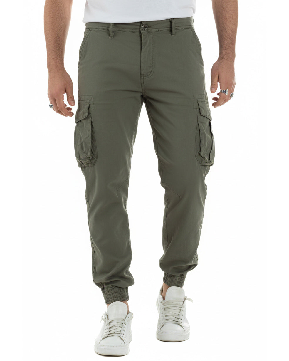 Pantaloni cargo uomo verde cotone con tasconi laterali casual