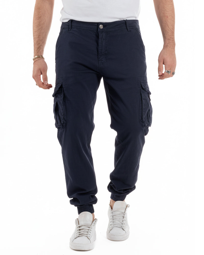Pantaloni cargo uomo blu cotone con tasconi laterali casual