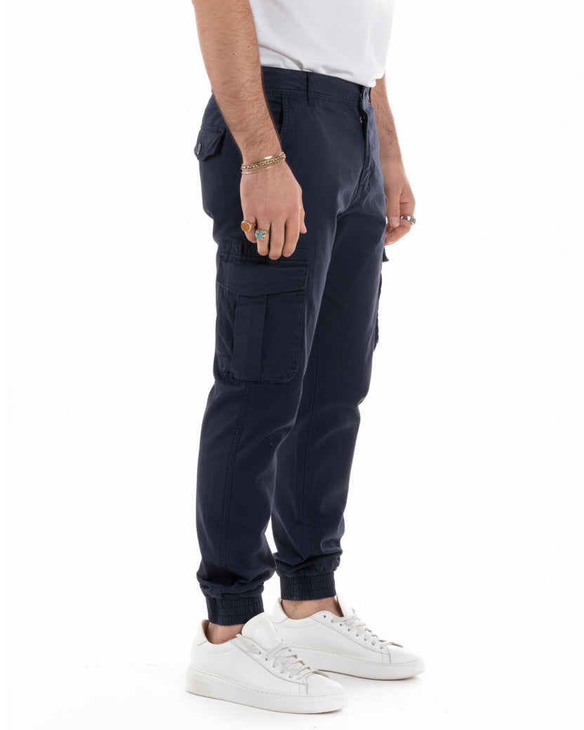 Vista completa pantaloni cargo uomo blu cotone 97% casual basic
