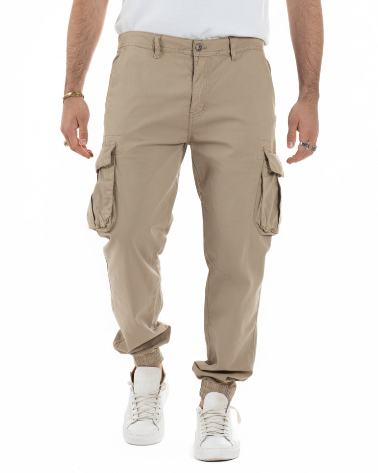 Pantaloni cargo uomo beige cotone con tasconi laterali casual