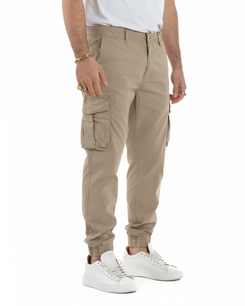 Vista completa pantaloni cargo uomo beige cotone 97% casual basic