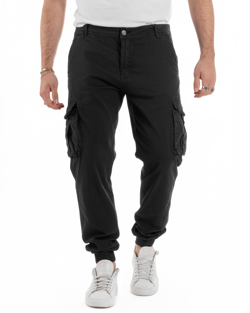 Pantaloni cargo uomo nero cotone con tasconi laterali casual