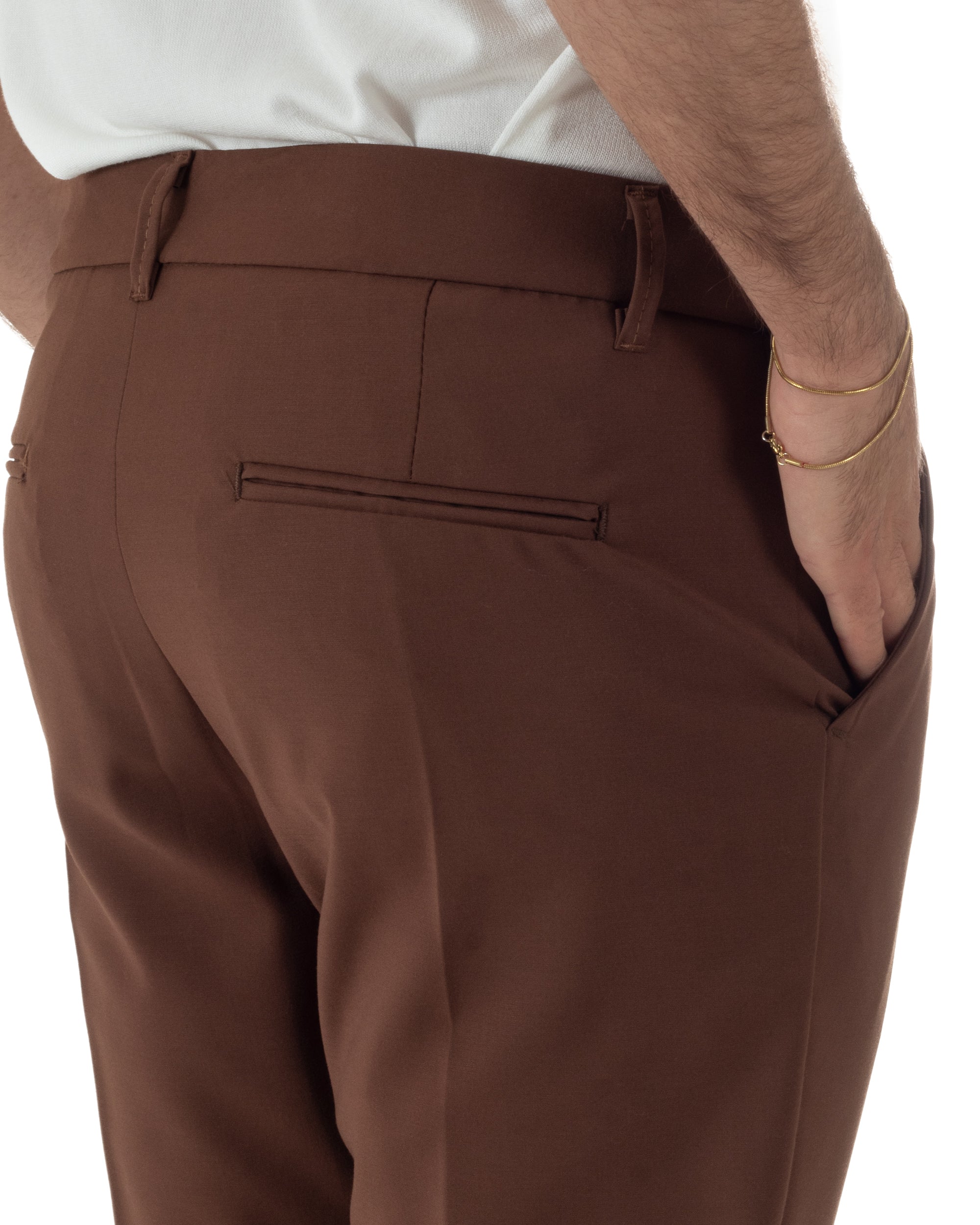 Vista pantaloni retro uomo marrone viscosa pinces tapered fit casual estivo