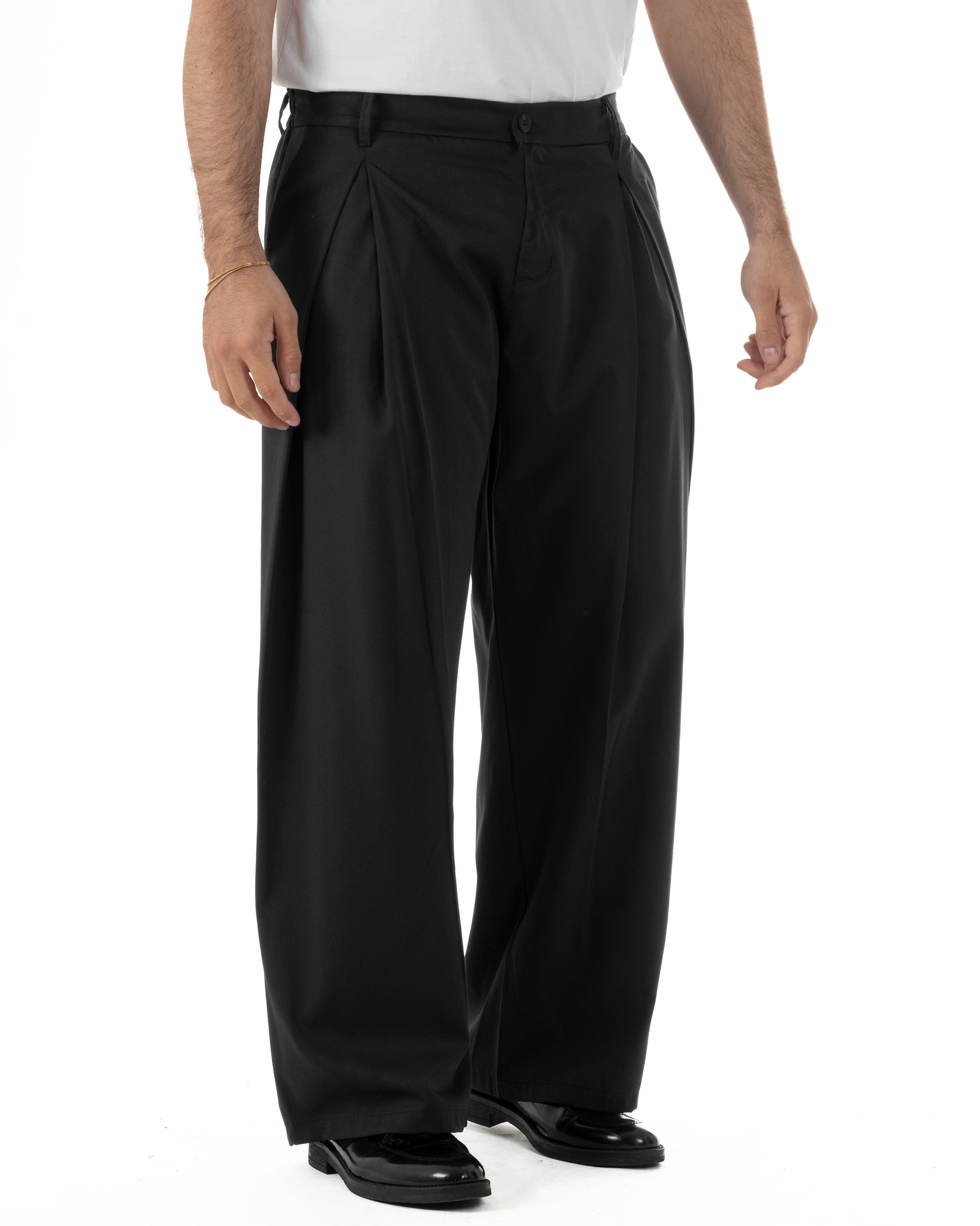 Vista completa pantaloni uomo nero baggy wide fit viscosa casual urbano