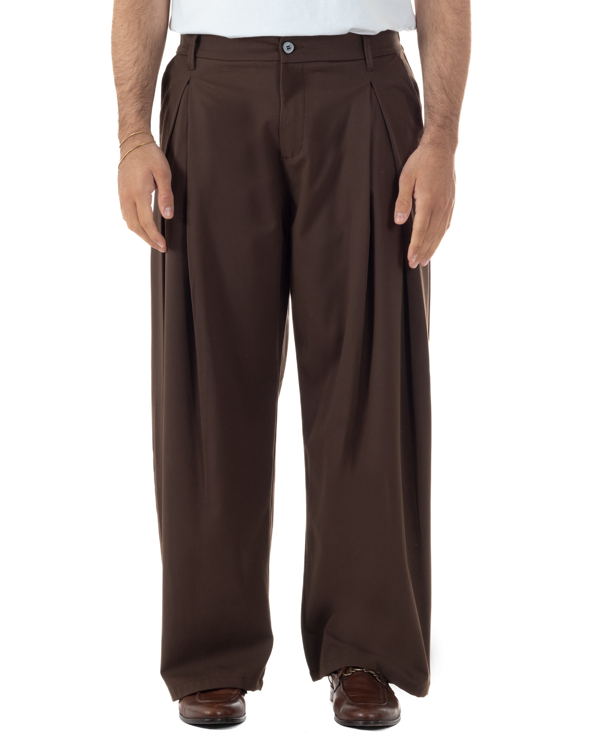 Pantaloni uomo marrone baggy wide fit pinces viscosa estivo casual
