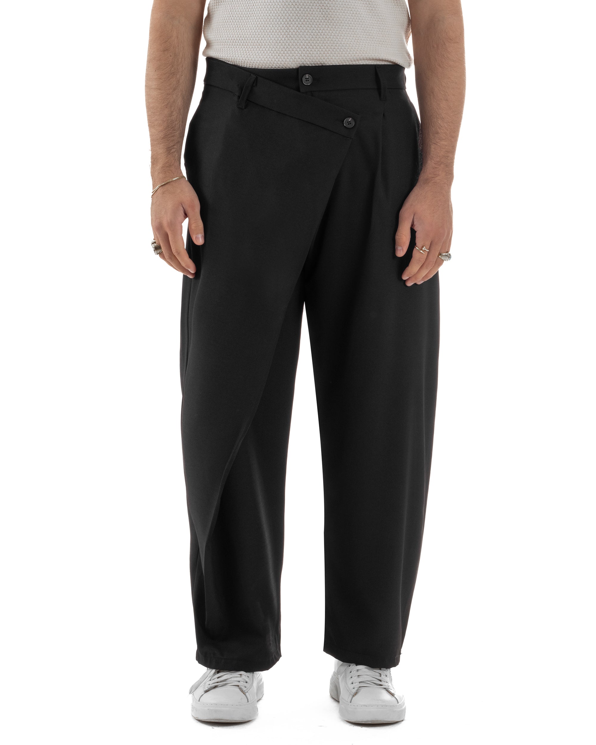 Pantaloni uomo viscosa baggy abbottonatura asimmetrica nero GIOSAL-P6465A
