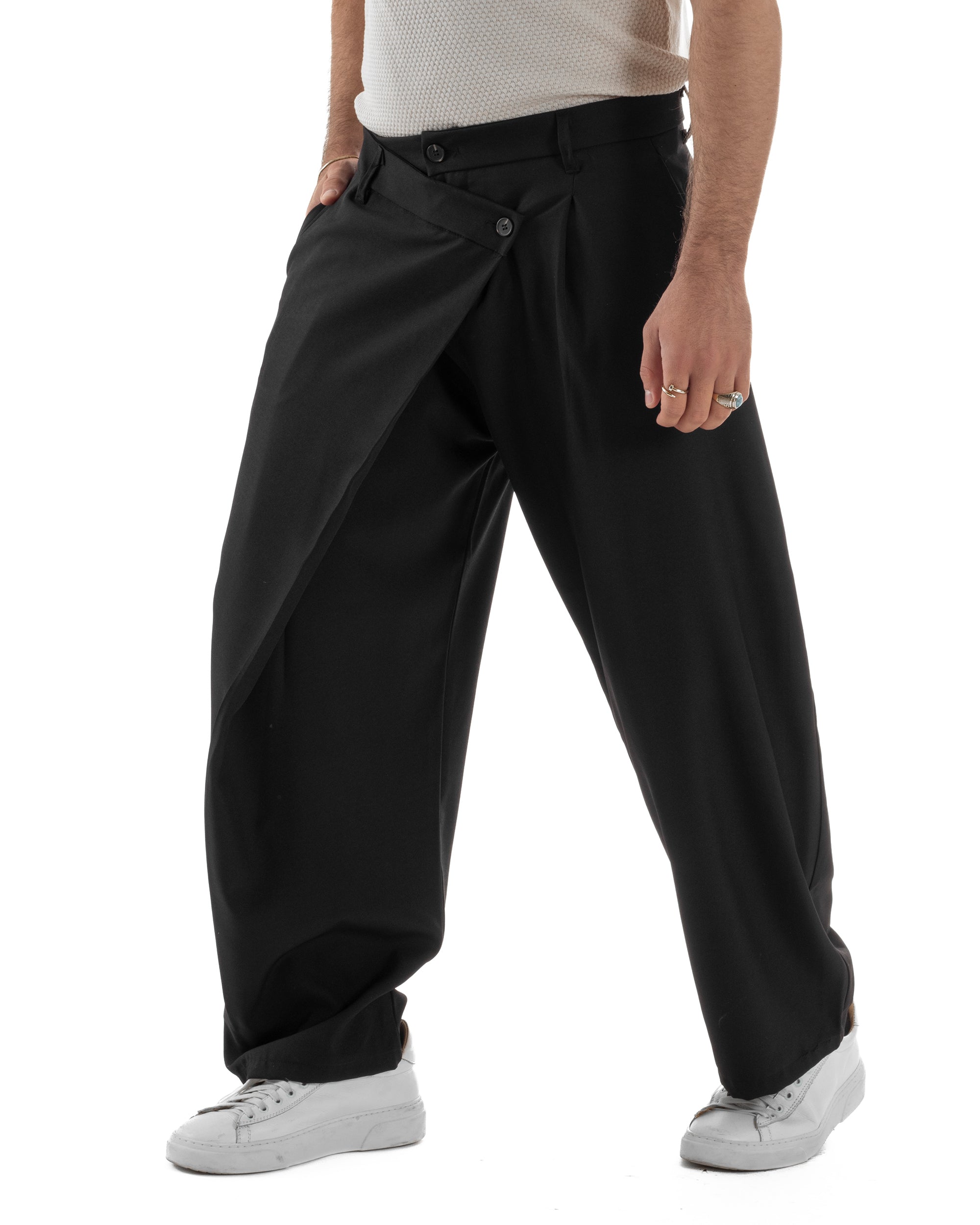 Pantaloni uomo viscosa baggy abbottonatura asimmetrica nero GIOSAL-P6465A