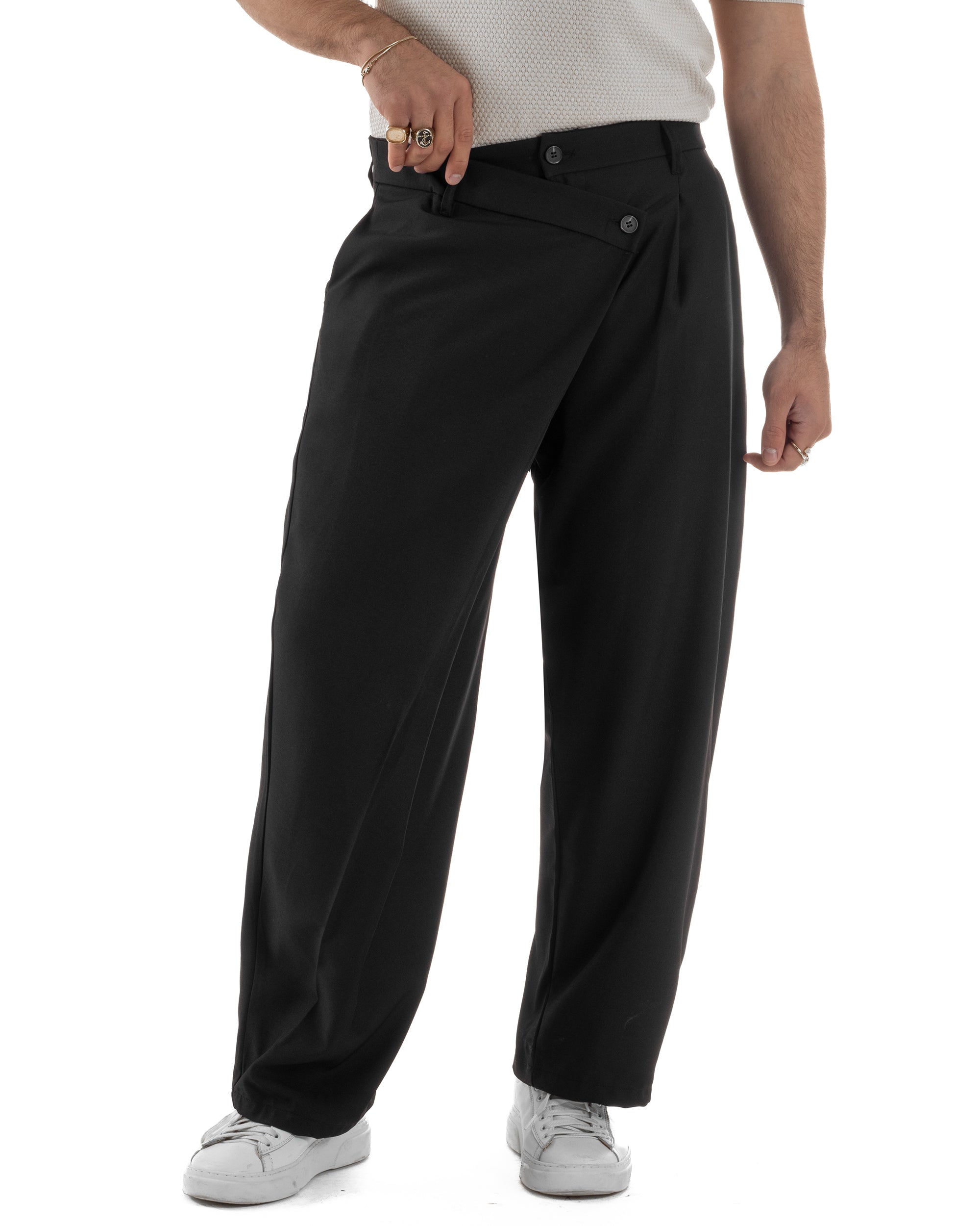 Pantaloni uomo viscosa baggy abbottonatura asimmetrica nero GIOSAL-P6465A