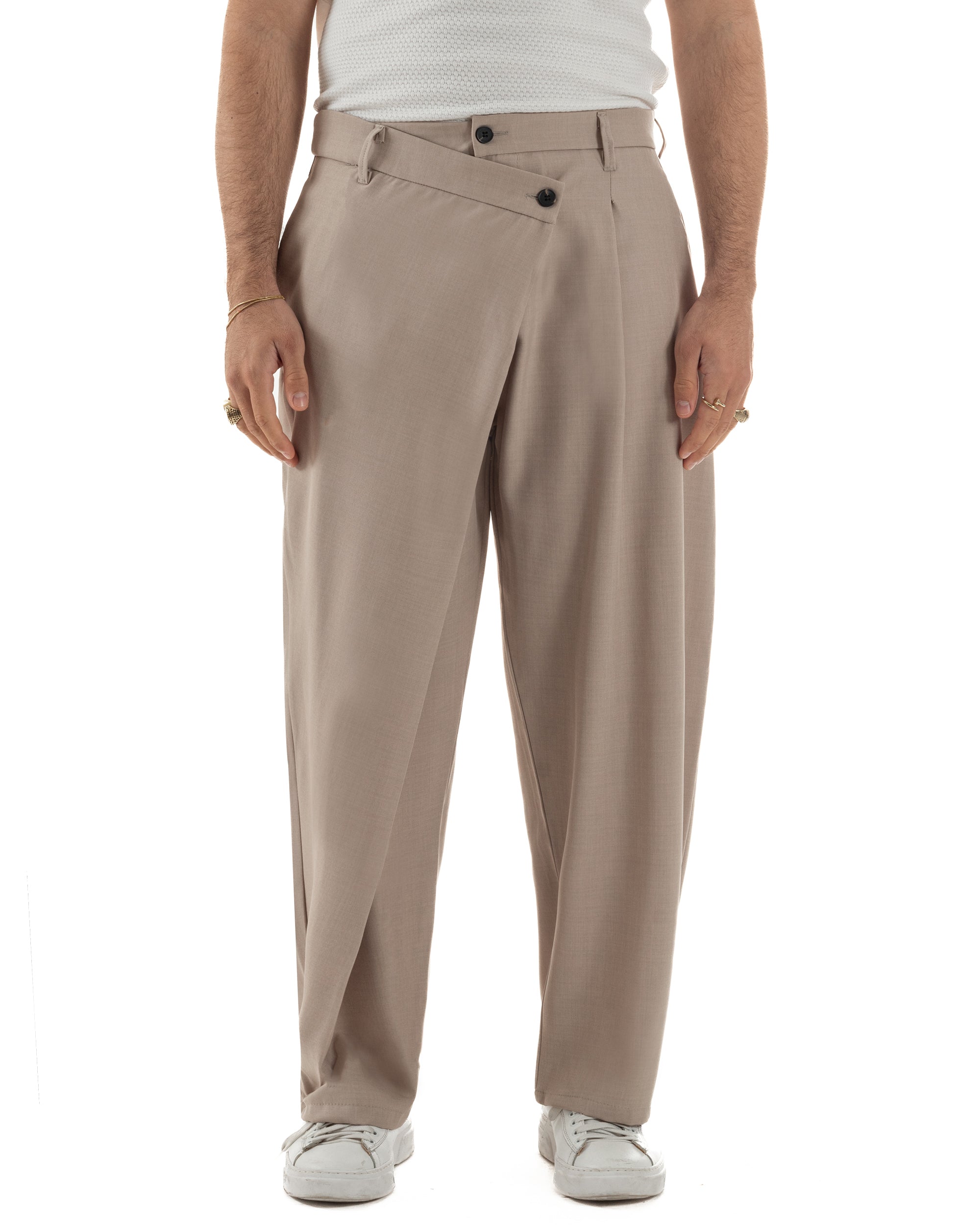 Pantaloni uomo viscosa baggy abbottonatura asimmetrica beige GIOSAL-P6466A
