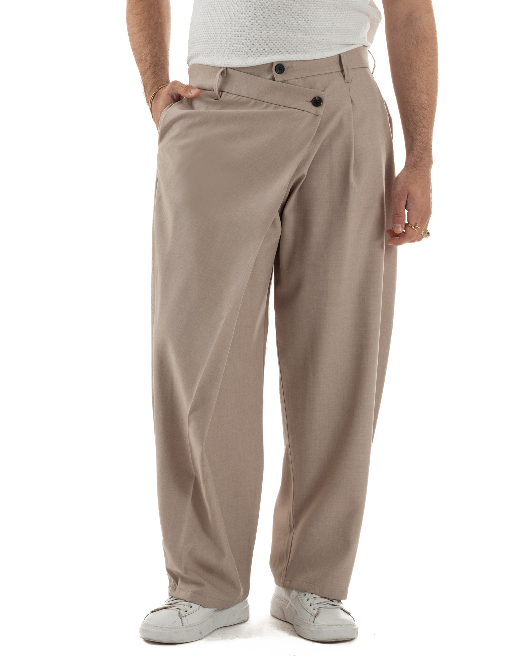 Pantaloni uomo viscosa baggy abbottonatura asimmetrica beige GIOSAL-P6466A