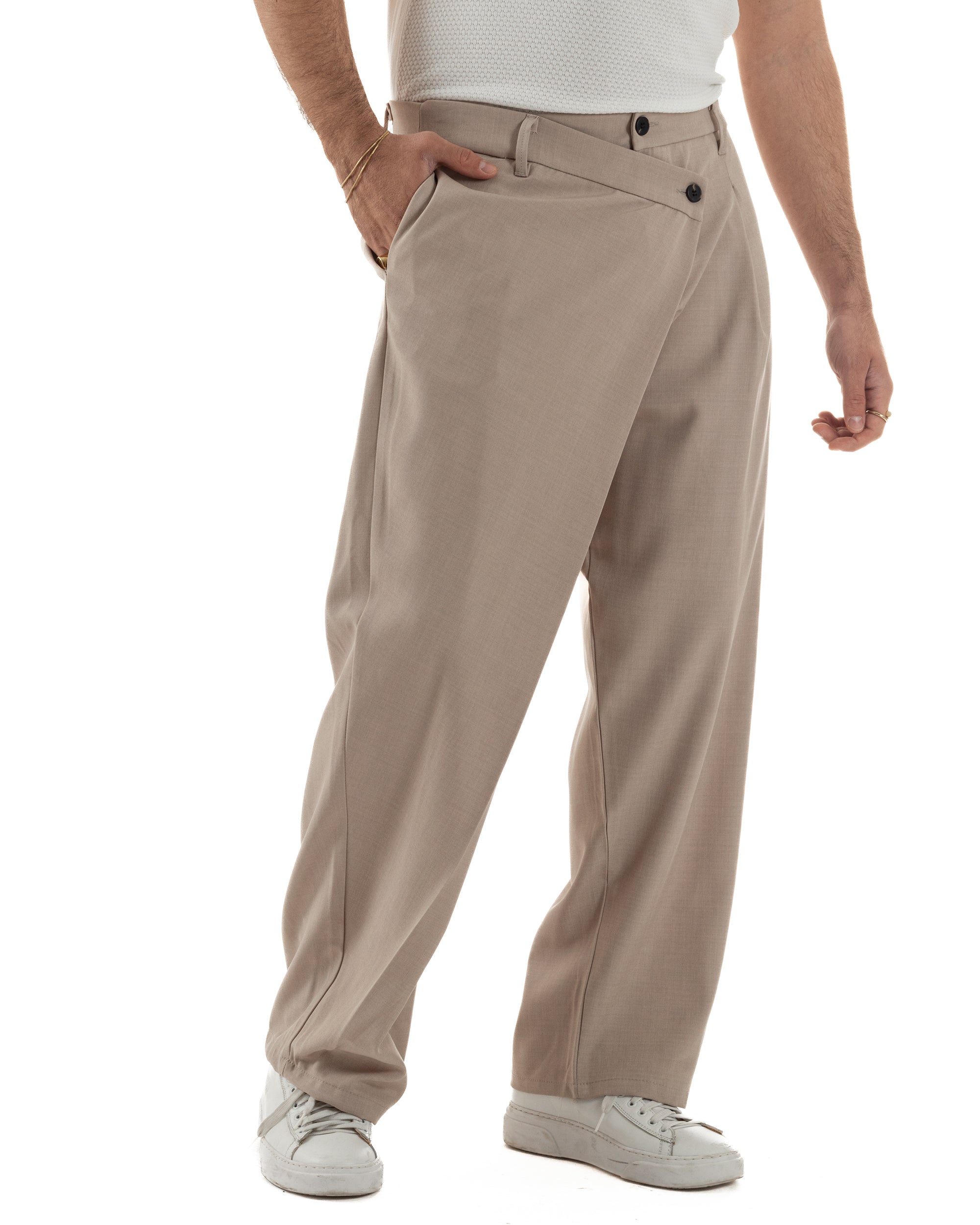 Pantaloni uomo viscosa baggy abbottonatura asimmetrica beige GIOSAL-P6466A