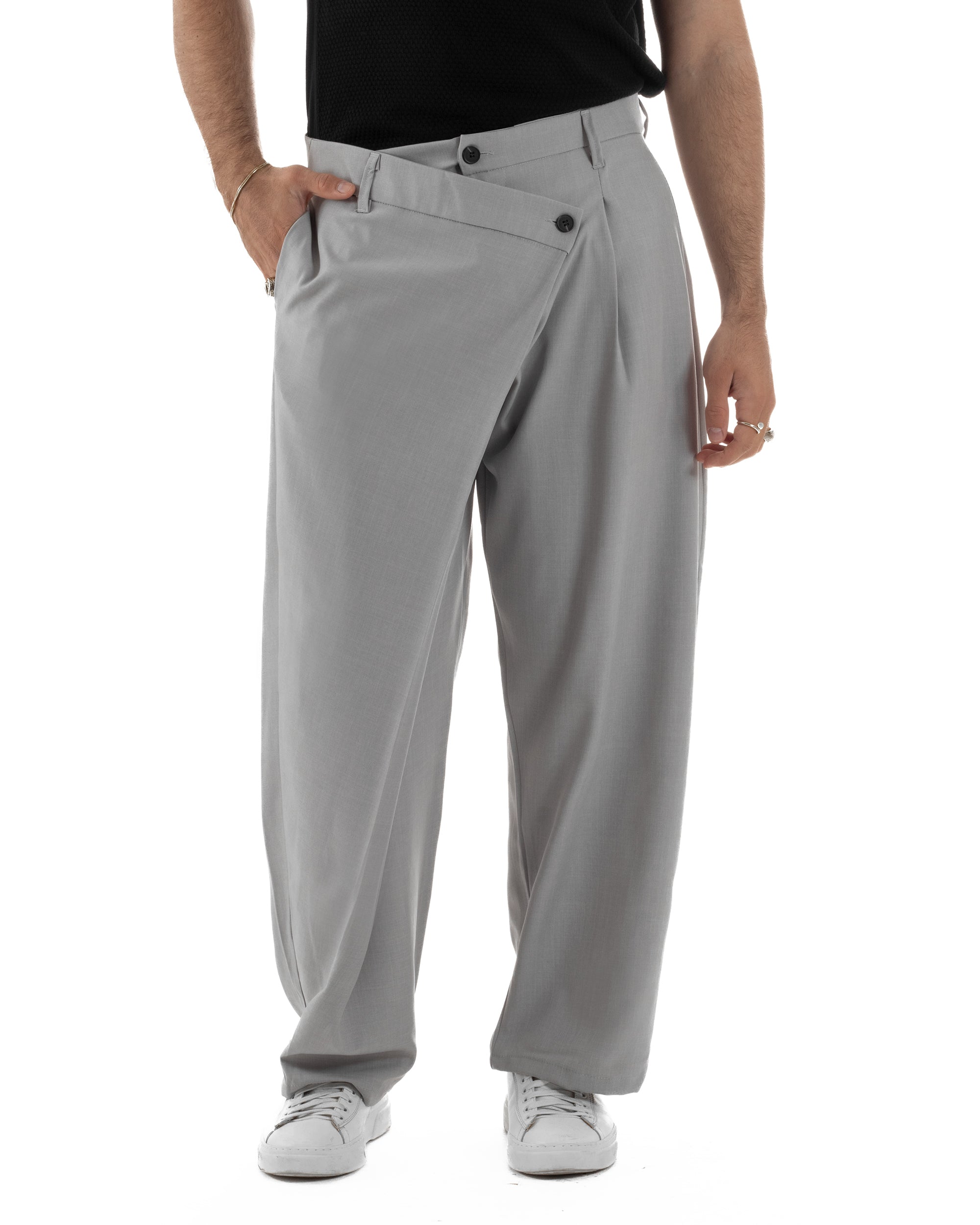 Pantaloni uomo viscosa baggy abbottonatura asimmetrica grigio GIOSAL-P6467A