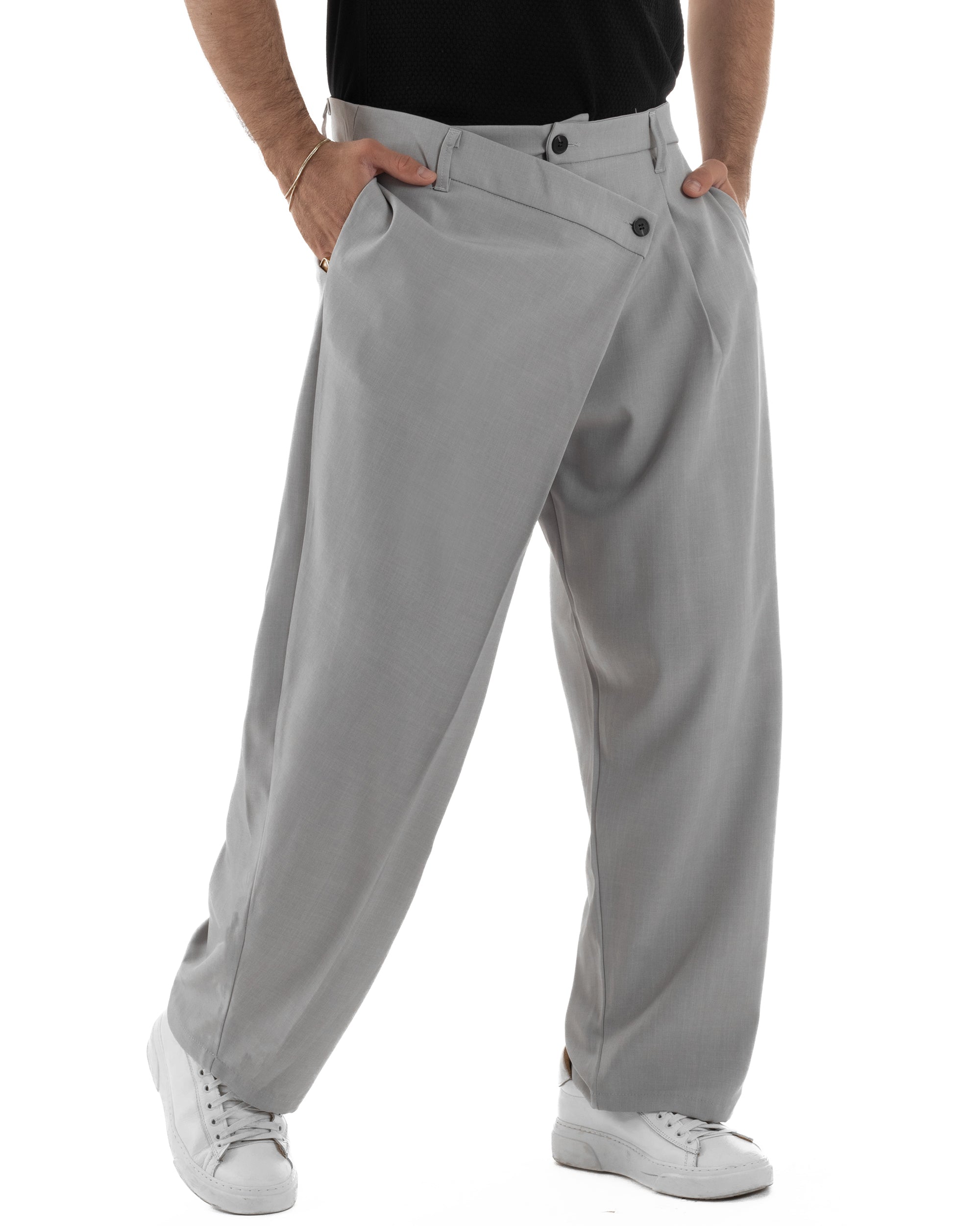 Pantaloni uomo viscosa baggy abbottonatura asimmetrica grigio GIOSAL-P6467A