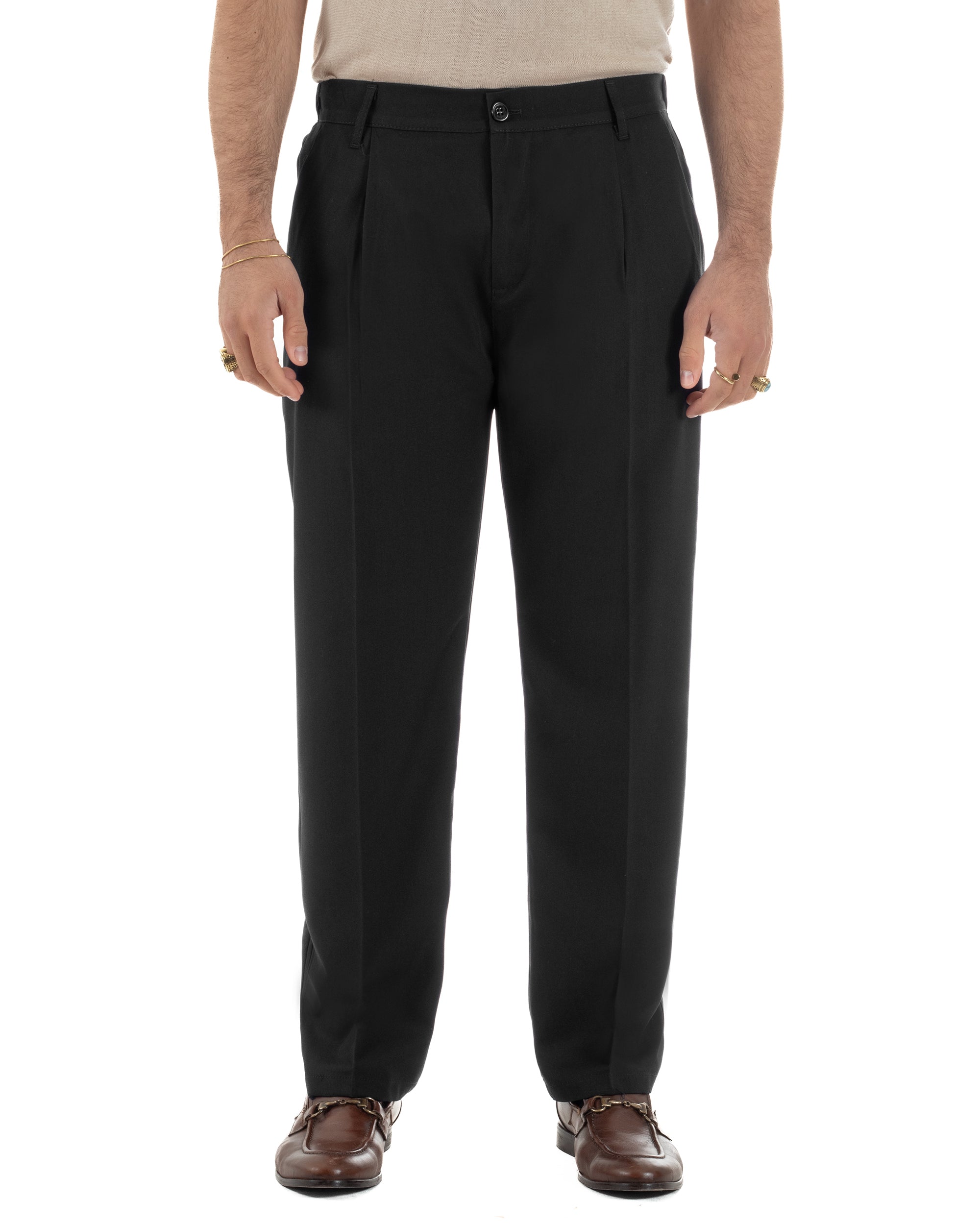 Vista completa pantaloni uomo nero baggy pinces fondo largo made in Italy