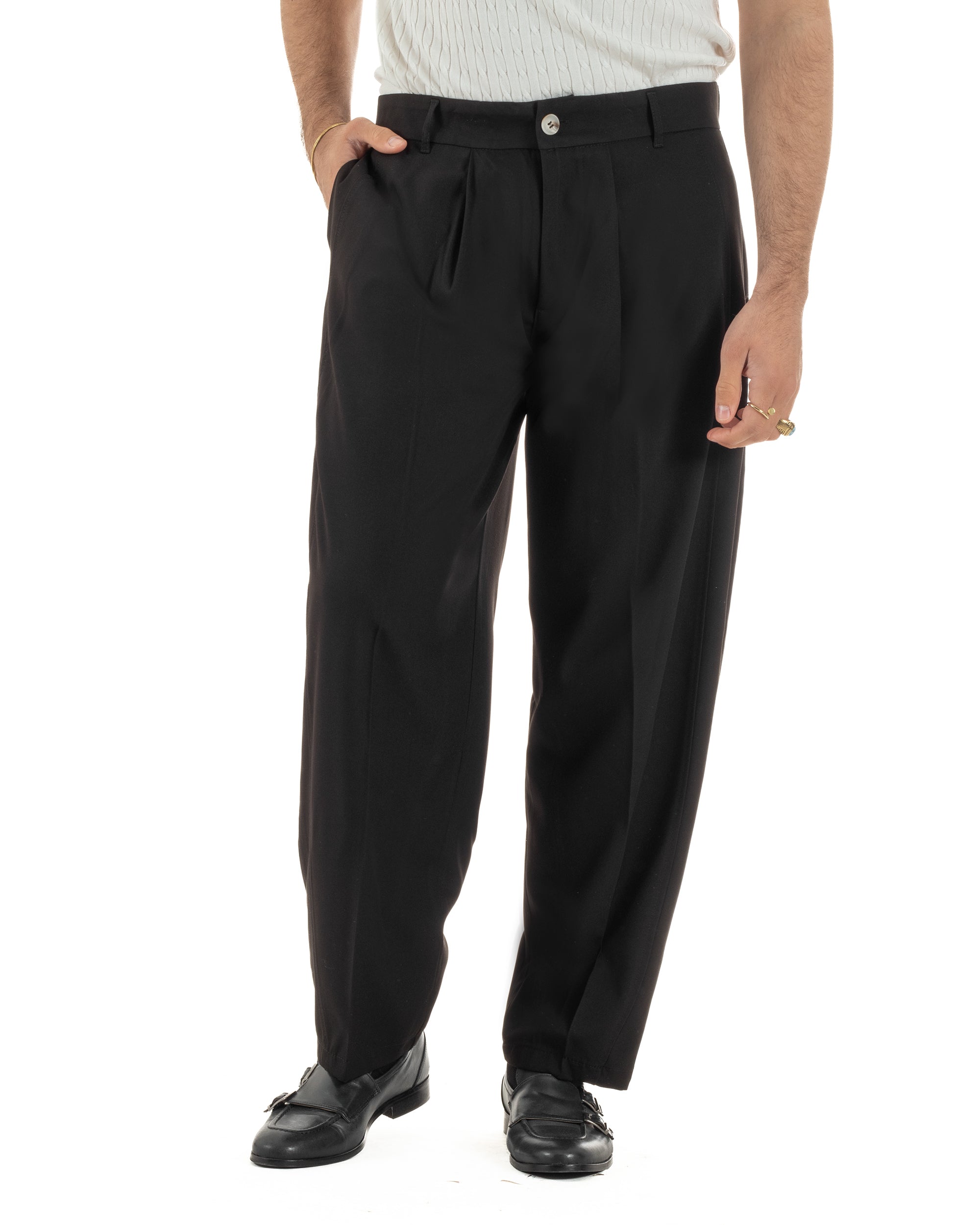 Pantaloni uomo viscosa pinces barrel fit strutturato nero GIOSAL-P6477A