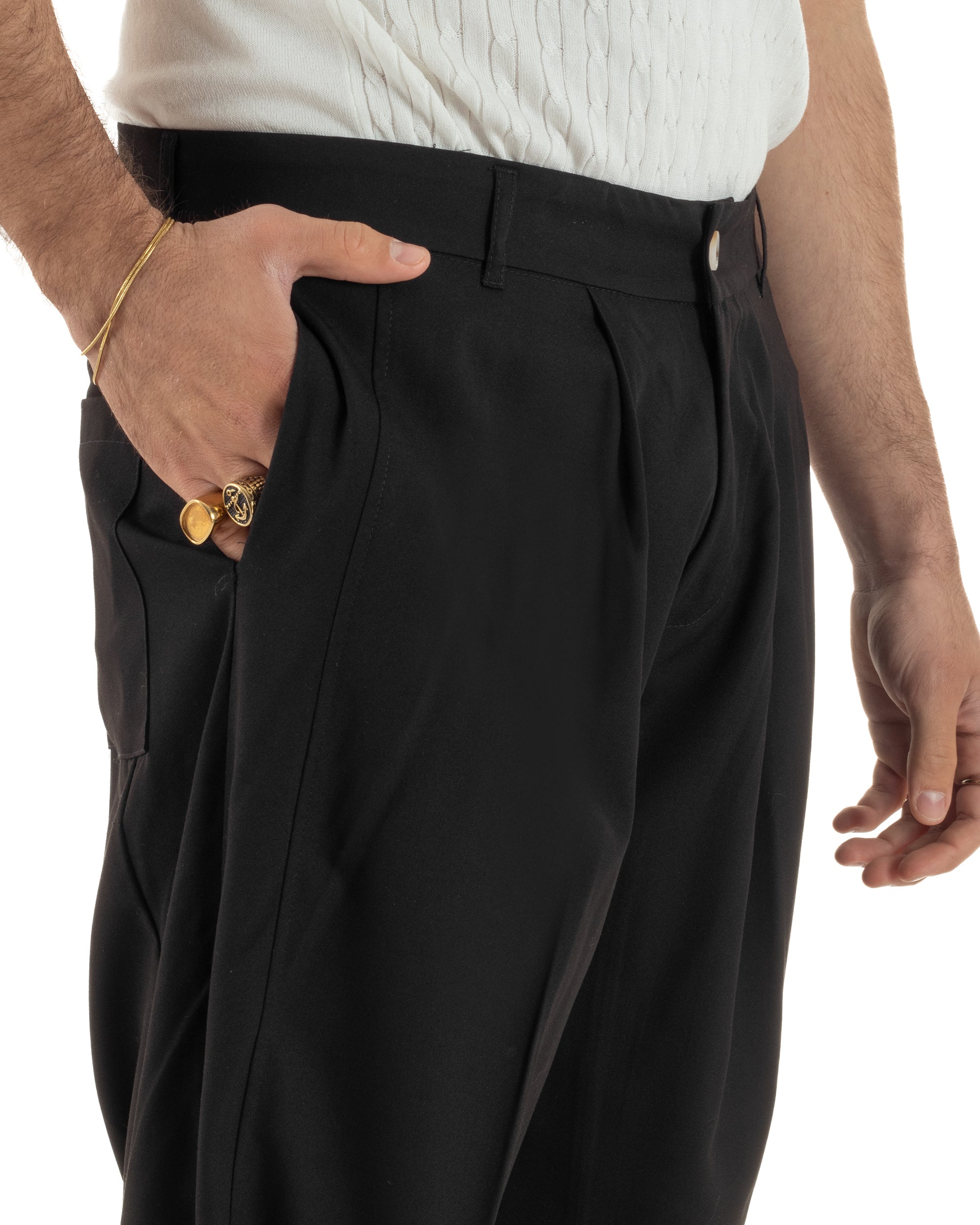 Pantaloni uomo viscosa pinces barrel fit strutturato nero GIOSAL-P6477A