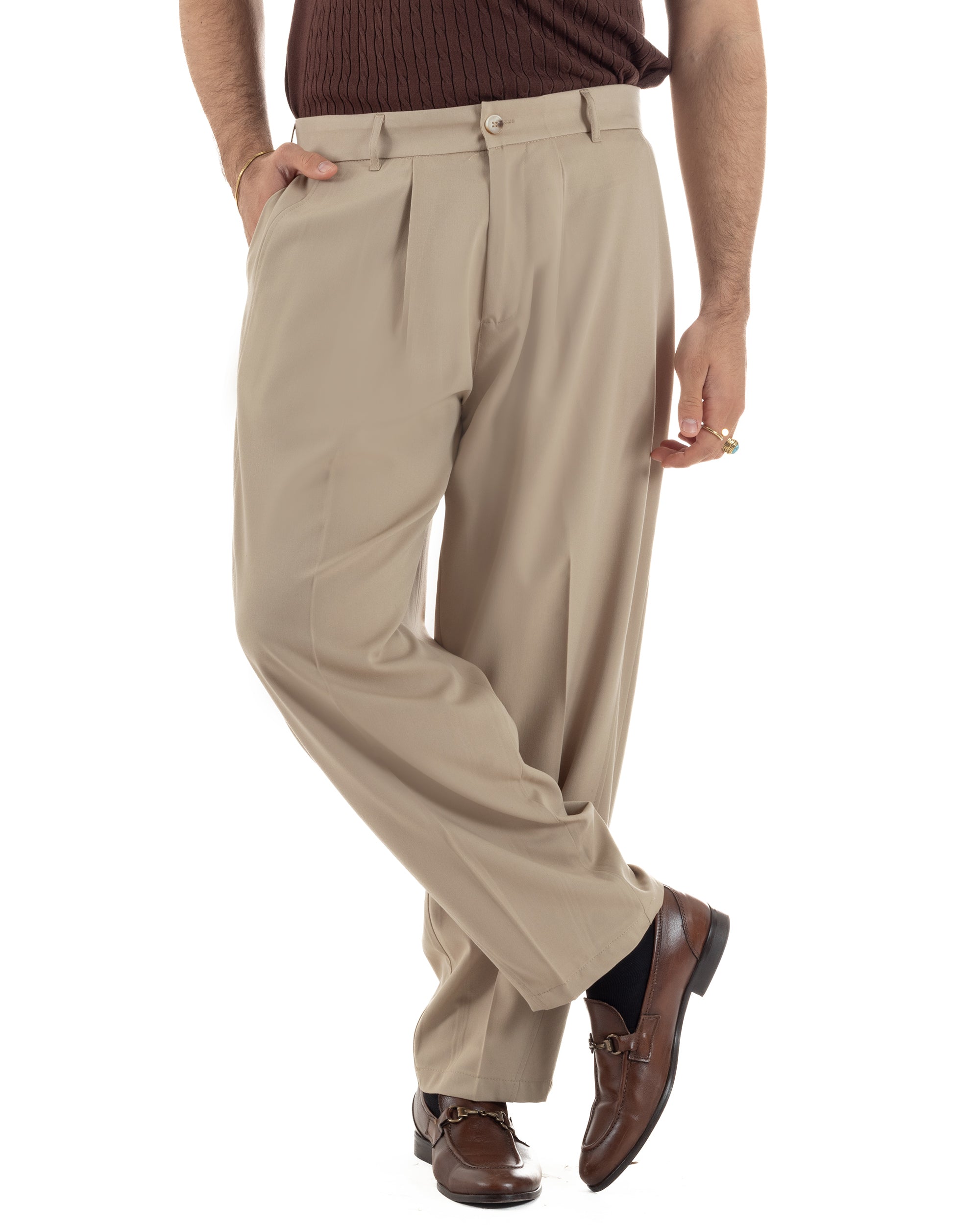 Pantaloni uomo viscosa pinces barrel fit strutturato beige GIOSAL-P6478A