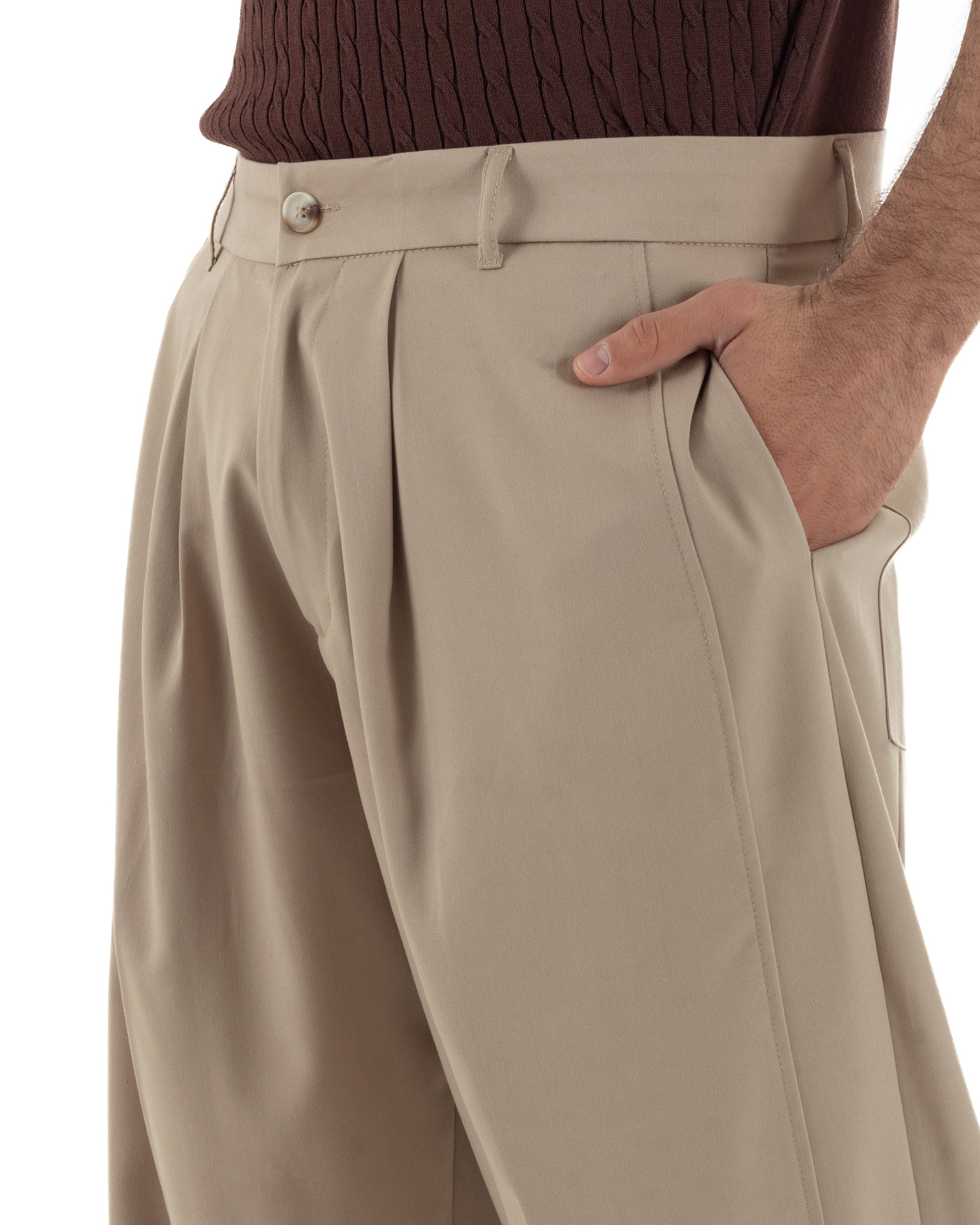Pantaloni uomo viscosa pinces barrel fit strutturato beige GIOSAL-P6478A