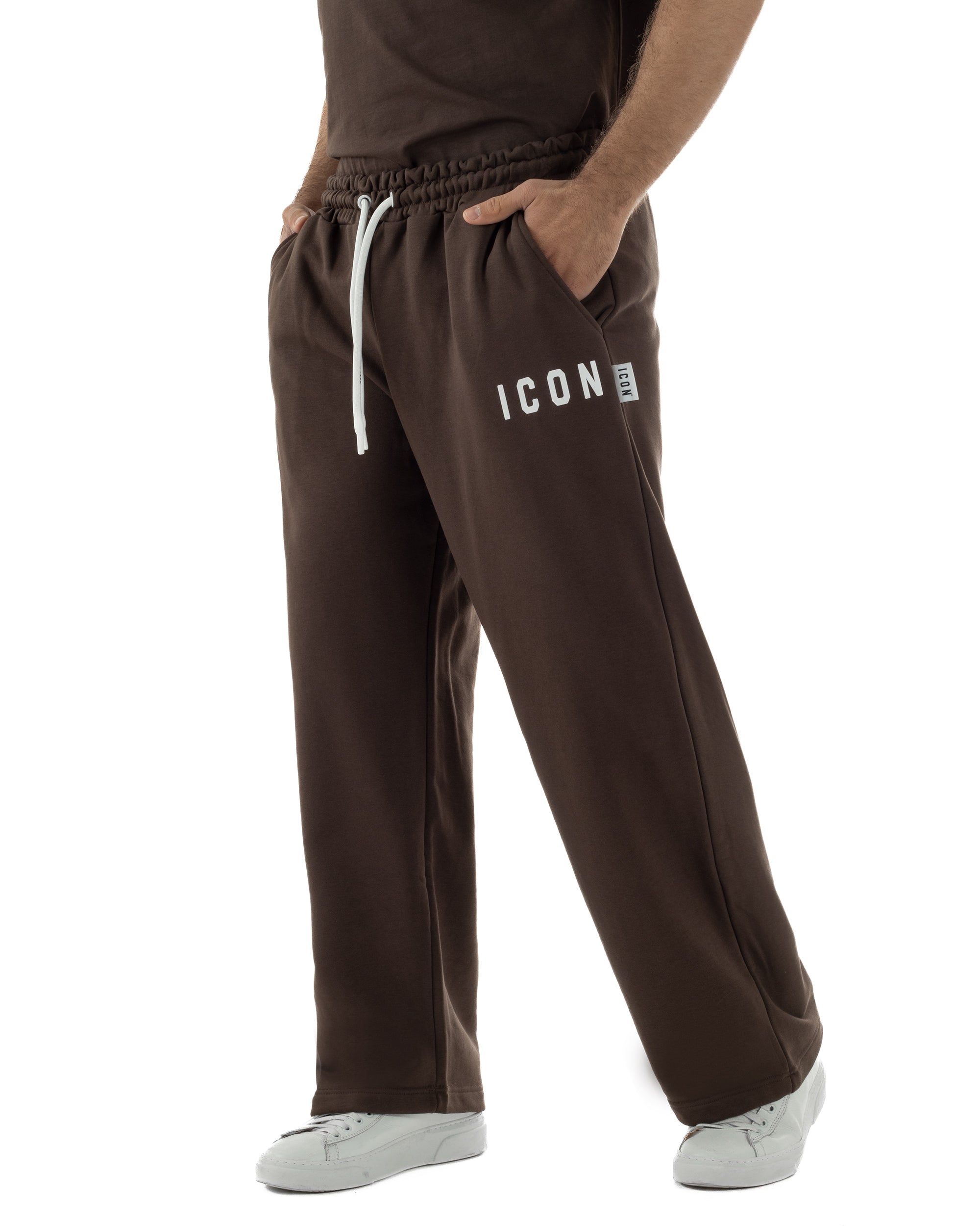 Pantaloni uomo baggy pantalaccio tuta cotone basic logo marrone ICON IUP001