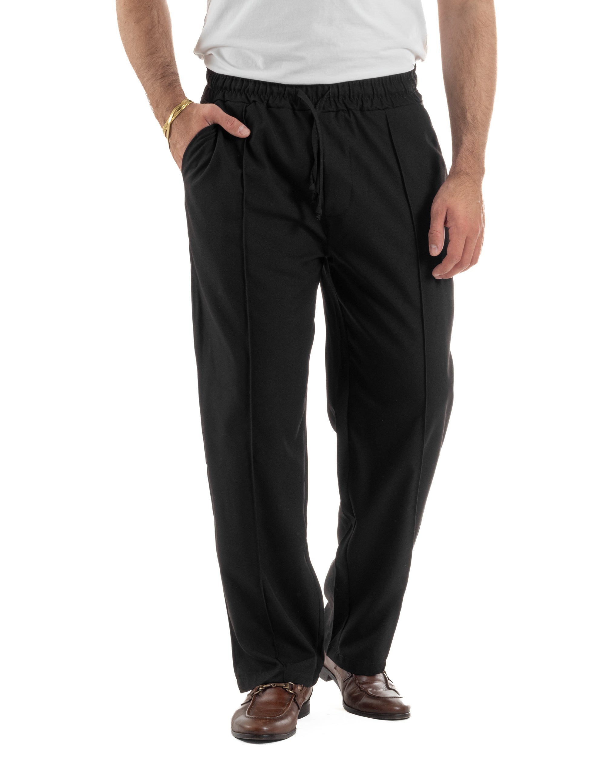 Pantaloni uomo nero wide leg vita elastica coulisse nervatura frontale viscosa relaxed fit
