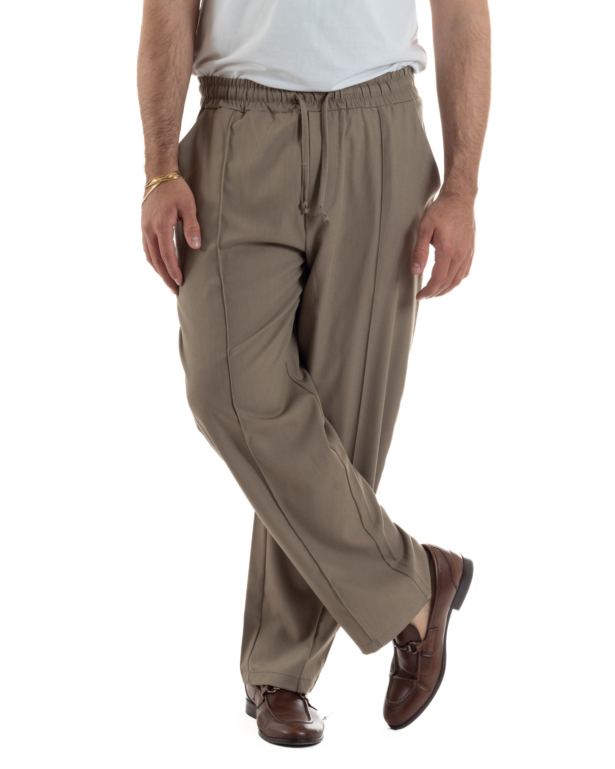 Pantaloni uomo beige wide leg vita elastica coulisse nervatura frontale viscosa relaxed fit