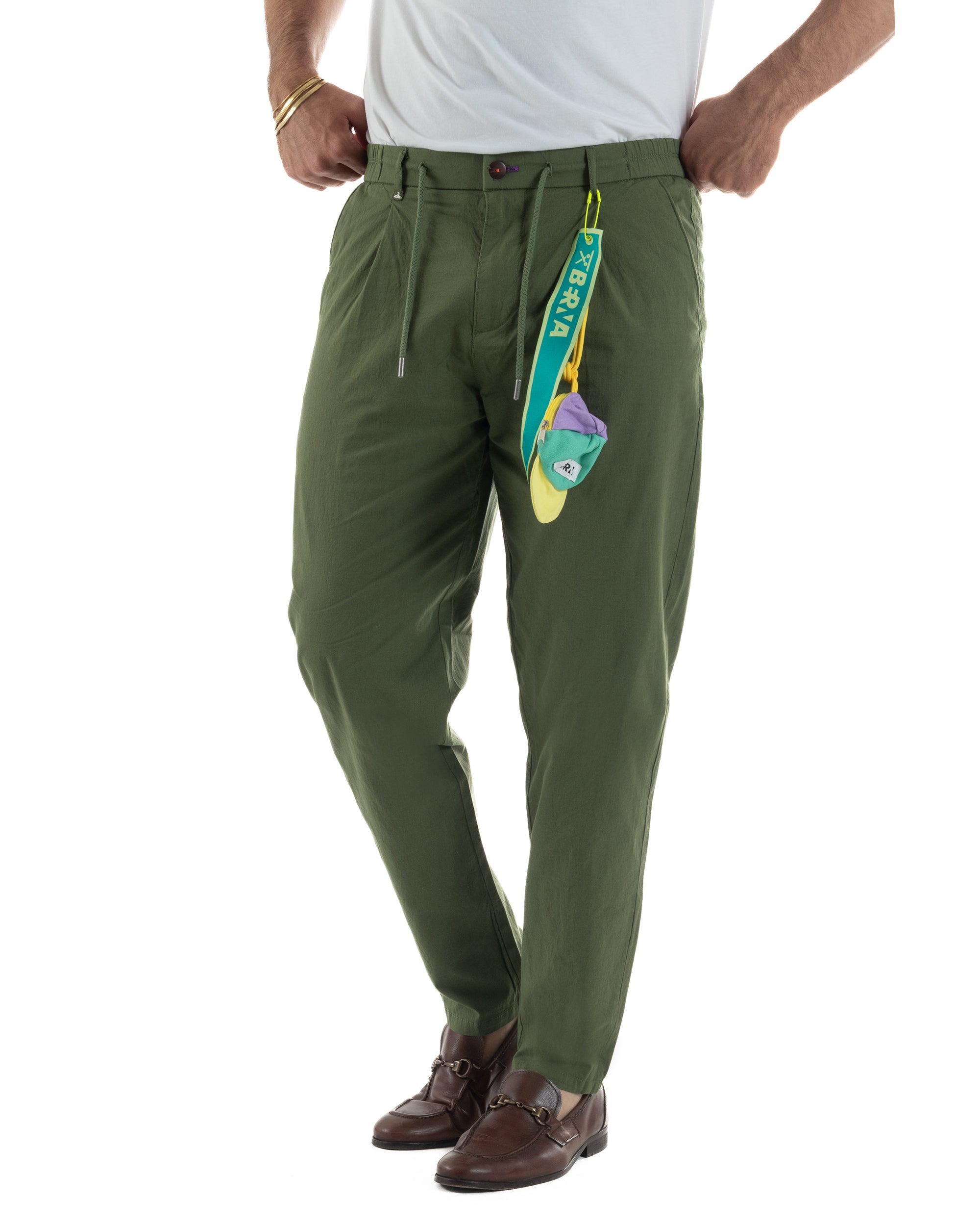 Pantaloni uomo pantalaccio chino lino elastico sul retro verde militare BERNA M-261237