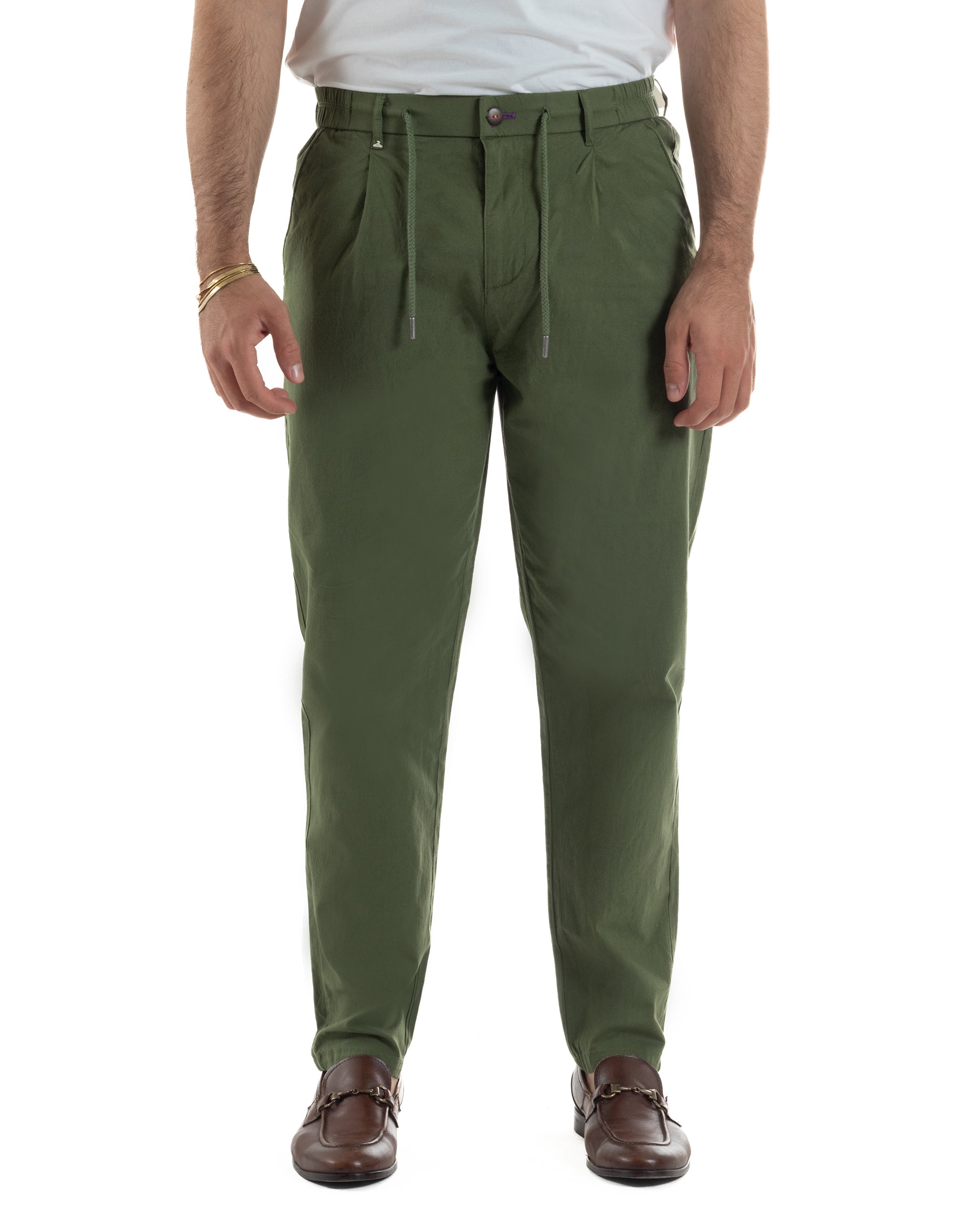 Pantaloni uomo pantalaccio chino lino elastico sul retro verde militare BERNA M-261237