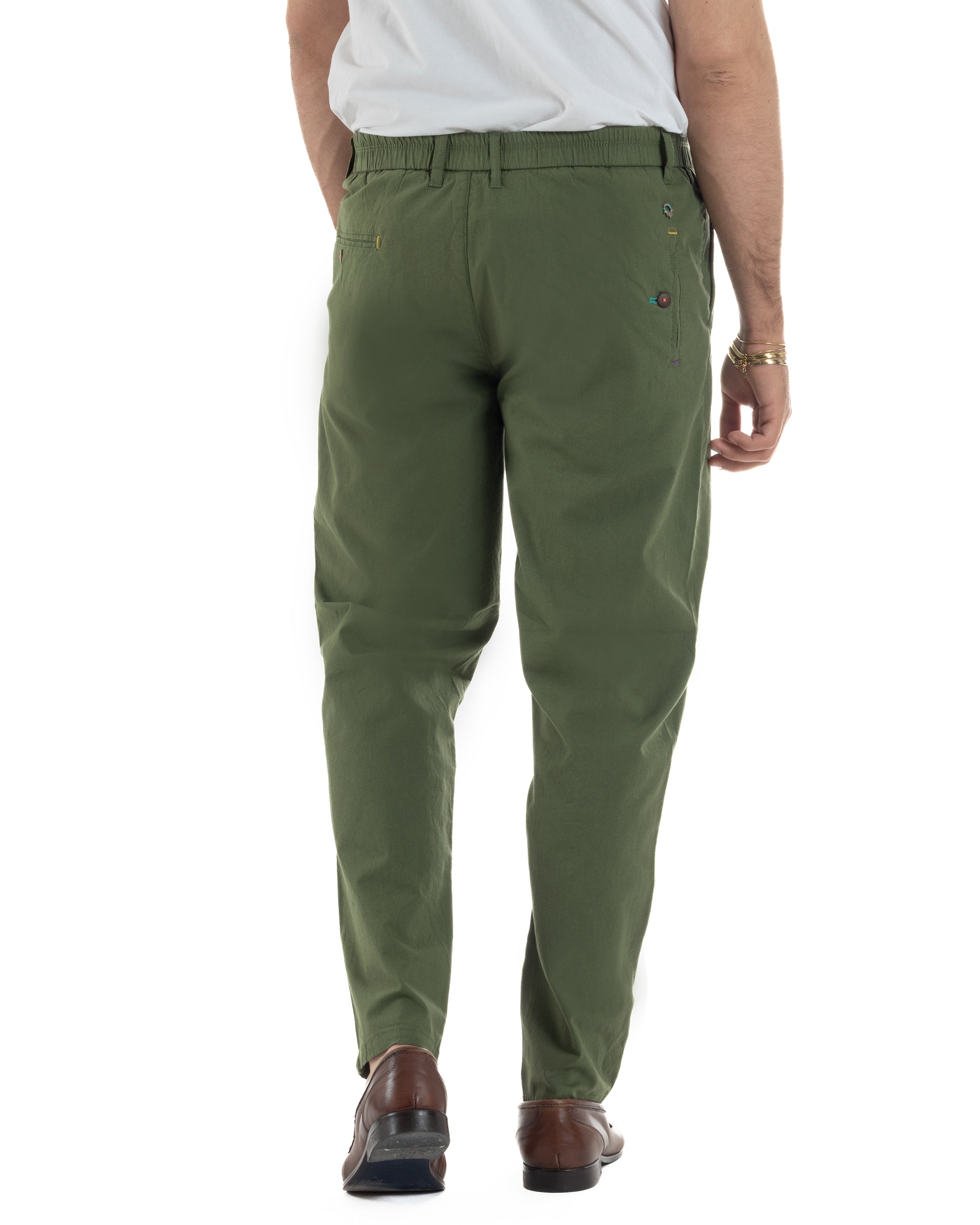 Pantaloni uomo pantalaccio chino lino elastico sul retro verde militare BERNA M-261237