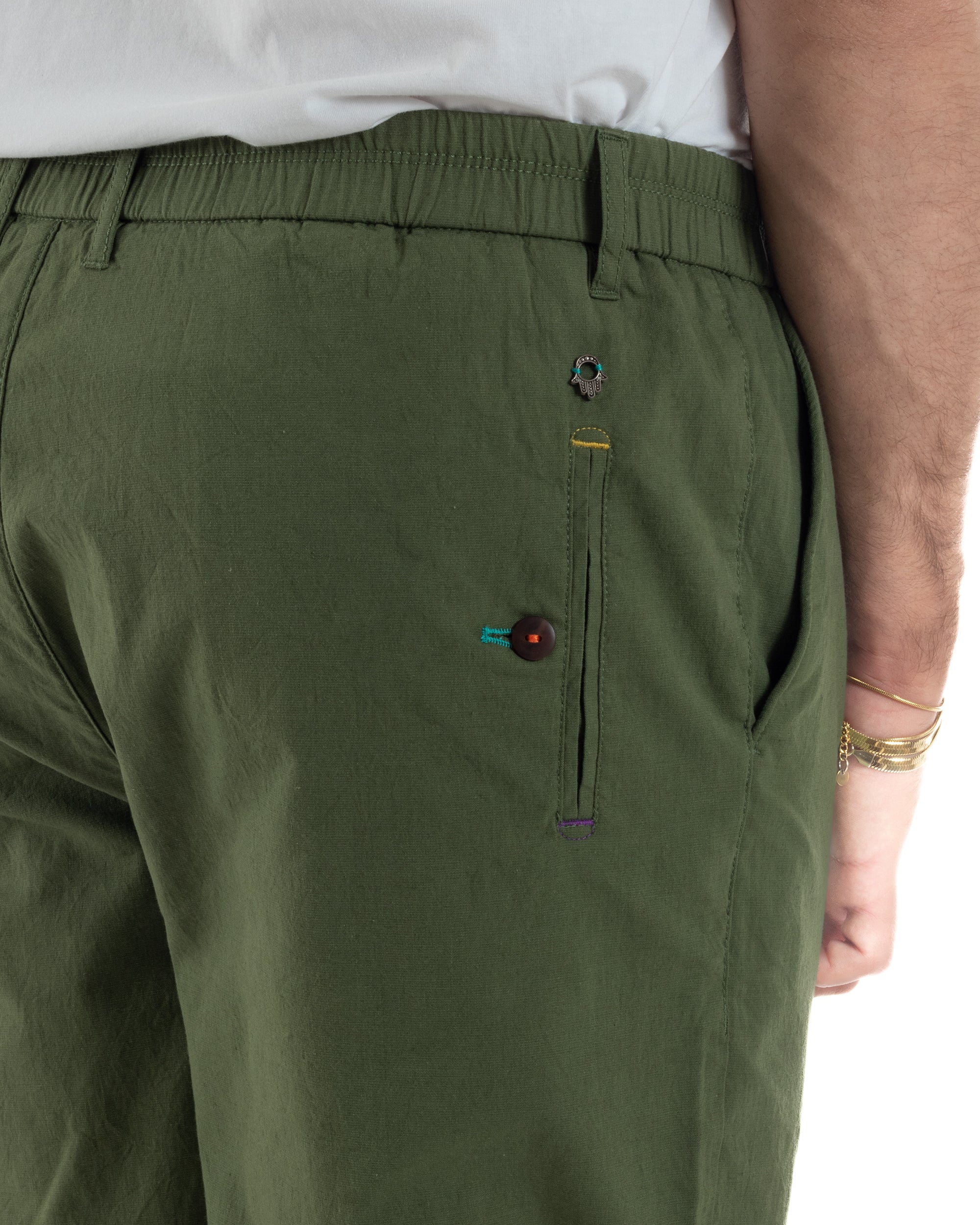 Pantaloni uomo pantalaccio chino lino elastico sul retro verde militare BERNA M-261237