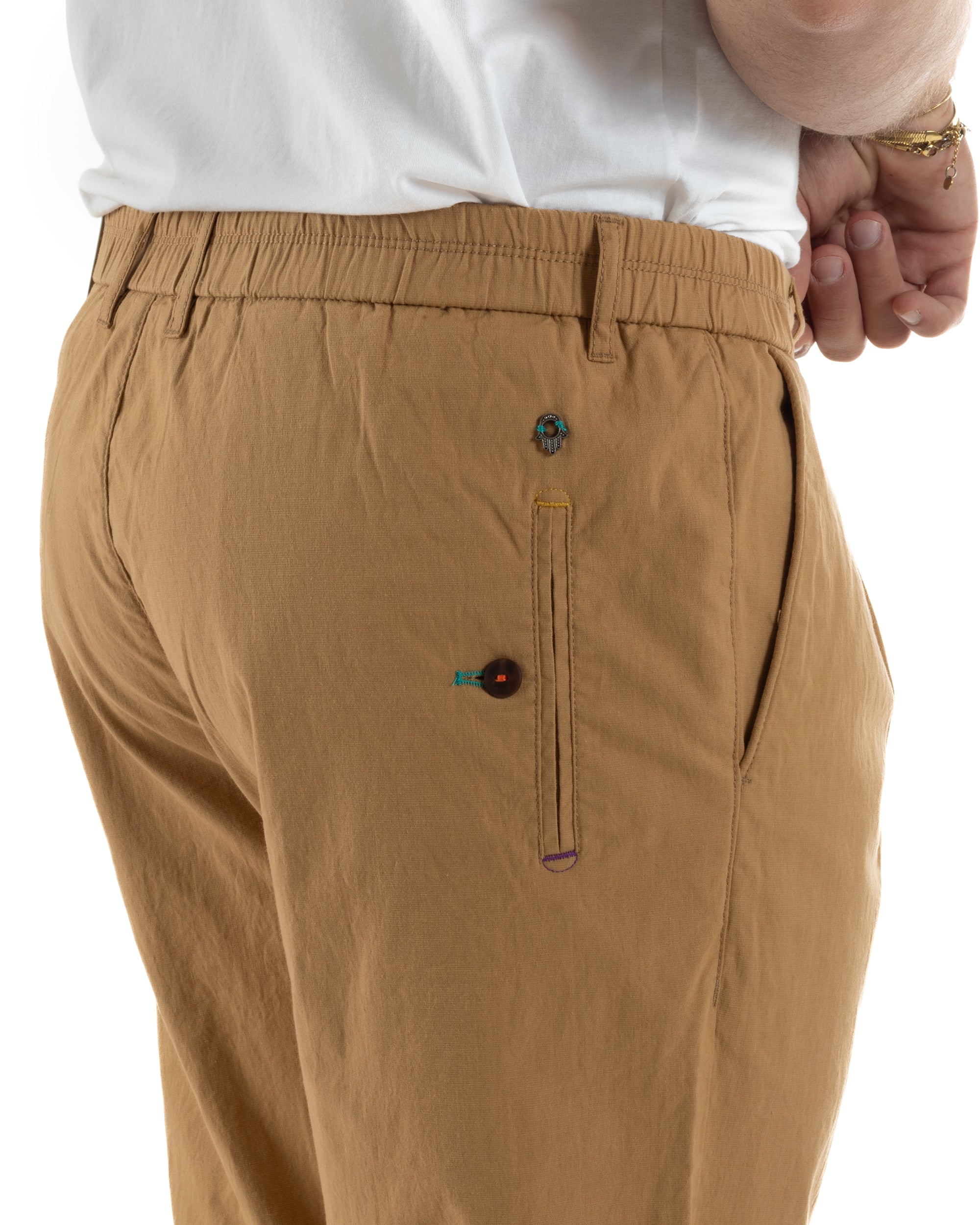 Pantaloni uomo pantalaccio chino lino elastico sul retro camel BERNA M-261237