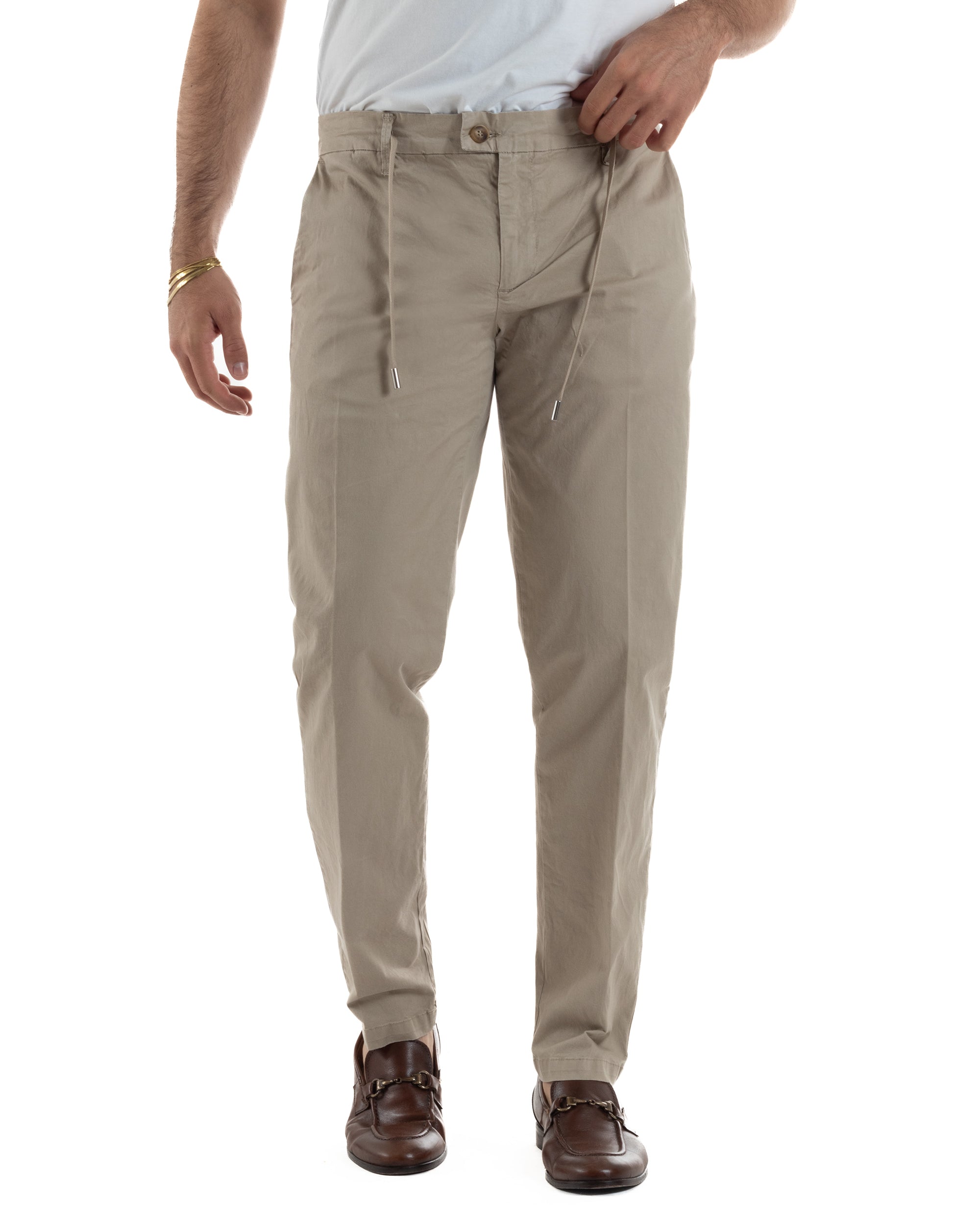 Pantaloni chino uomo beige slim fit coulisse doppio laccetto bottone dorato smart casual