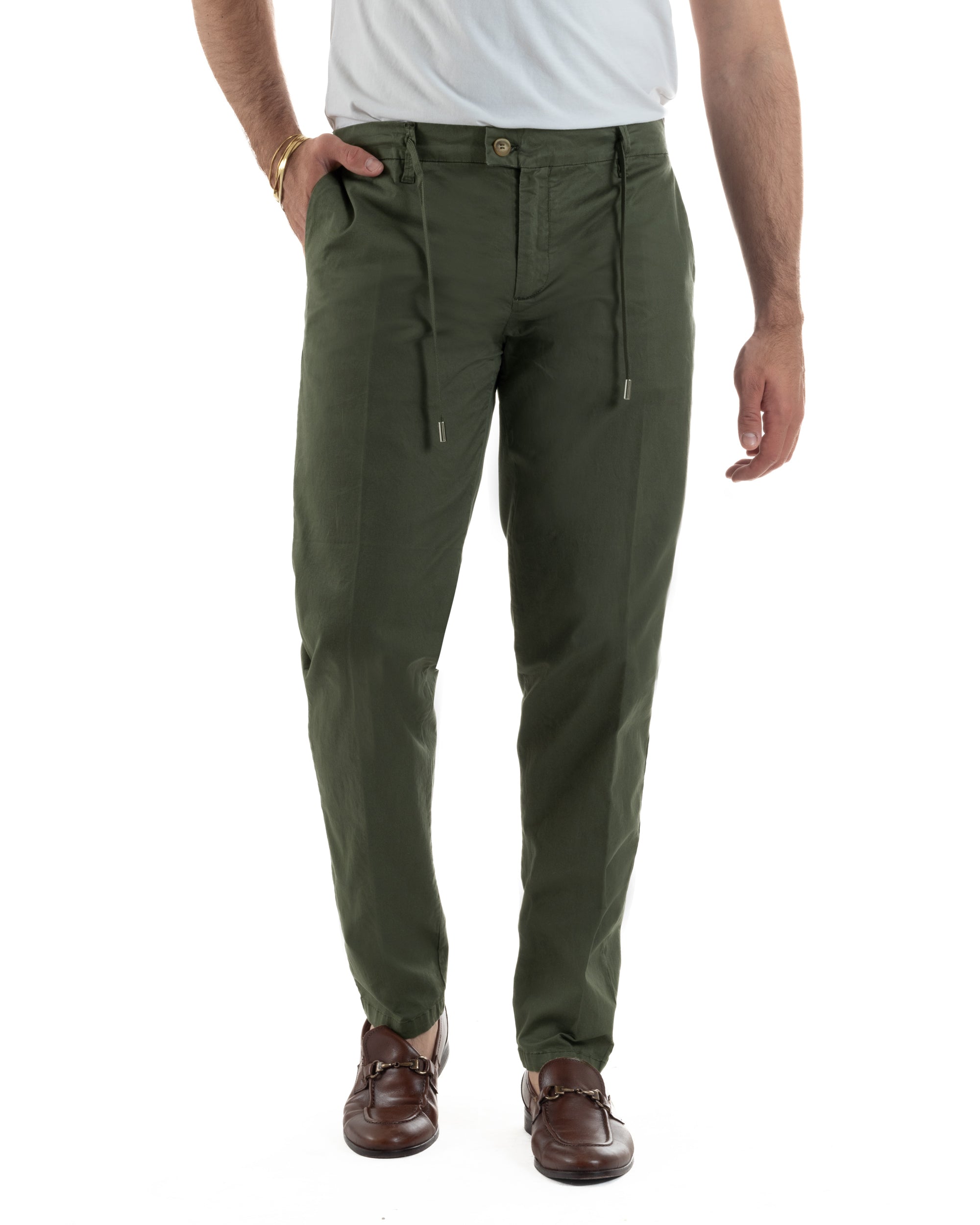 Pantaloni chino uomo verde slim fit coulisse doppio laccetto bottone dorato smart casual