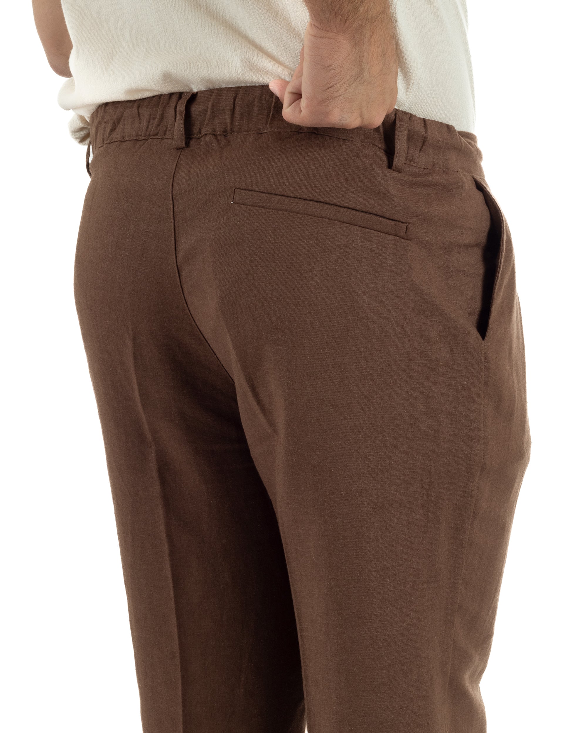 Pantaloni uomo lino tasche america elastico sul retro pinces laccio marrone GIOSAL-P6498A