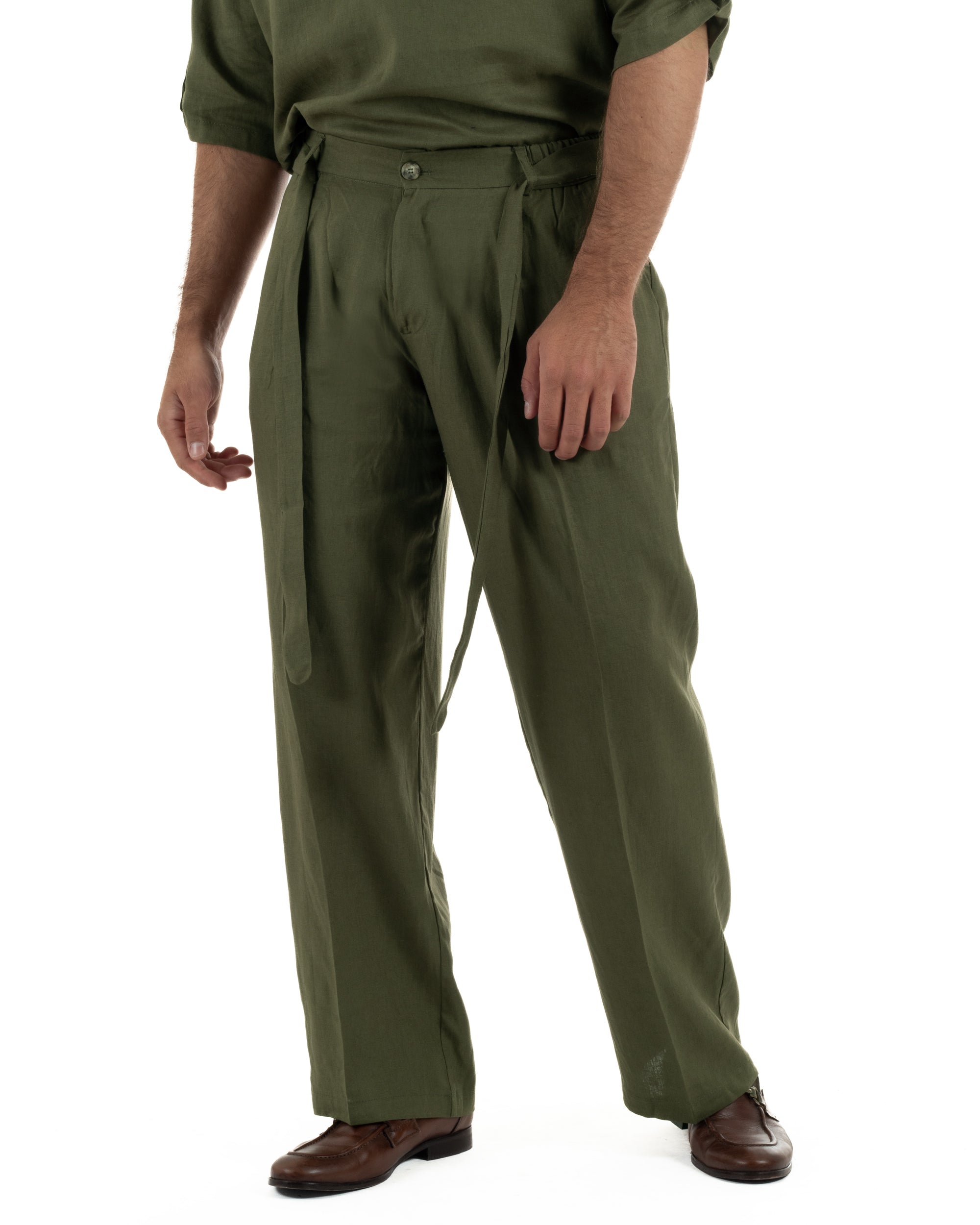 Pantaloni lino uomo baggy fit fondo ampio cintura verde militare GIOSAL-P6499A