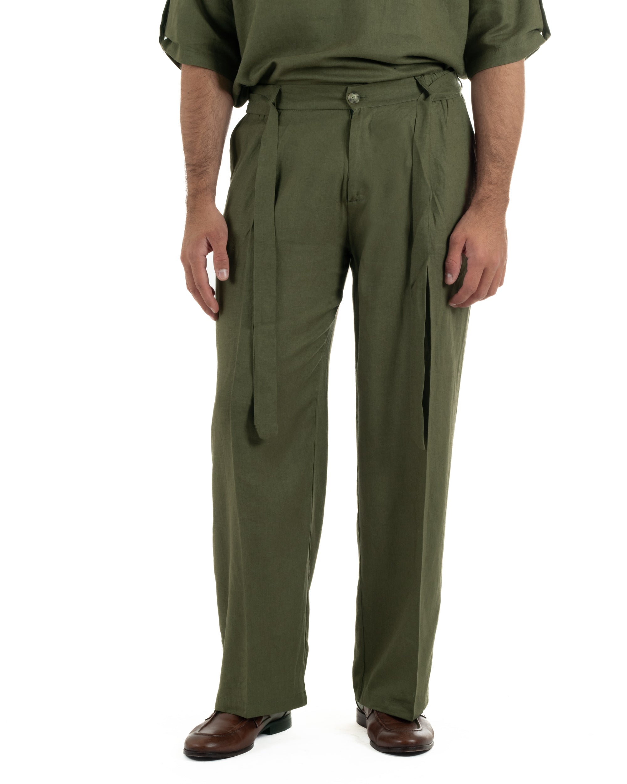 Pantaloni lino uomo baggy fit fondo ampio cintura verde militare GIOSAL-P6499A