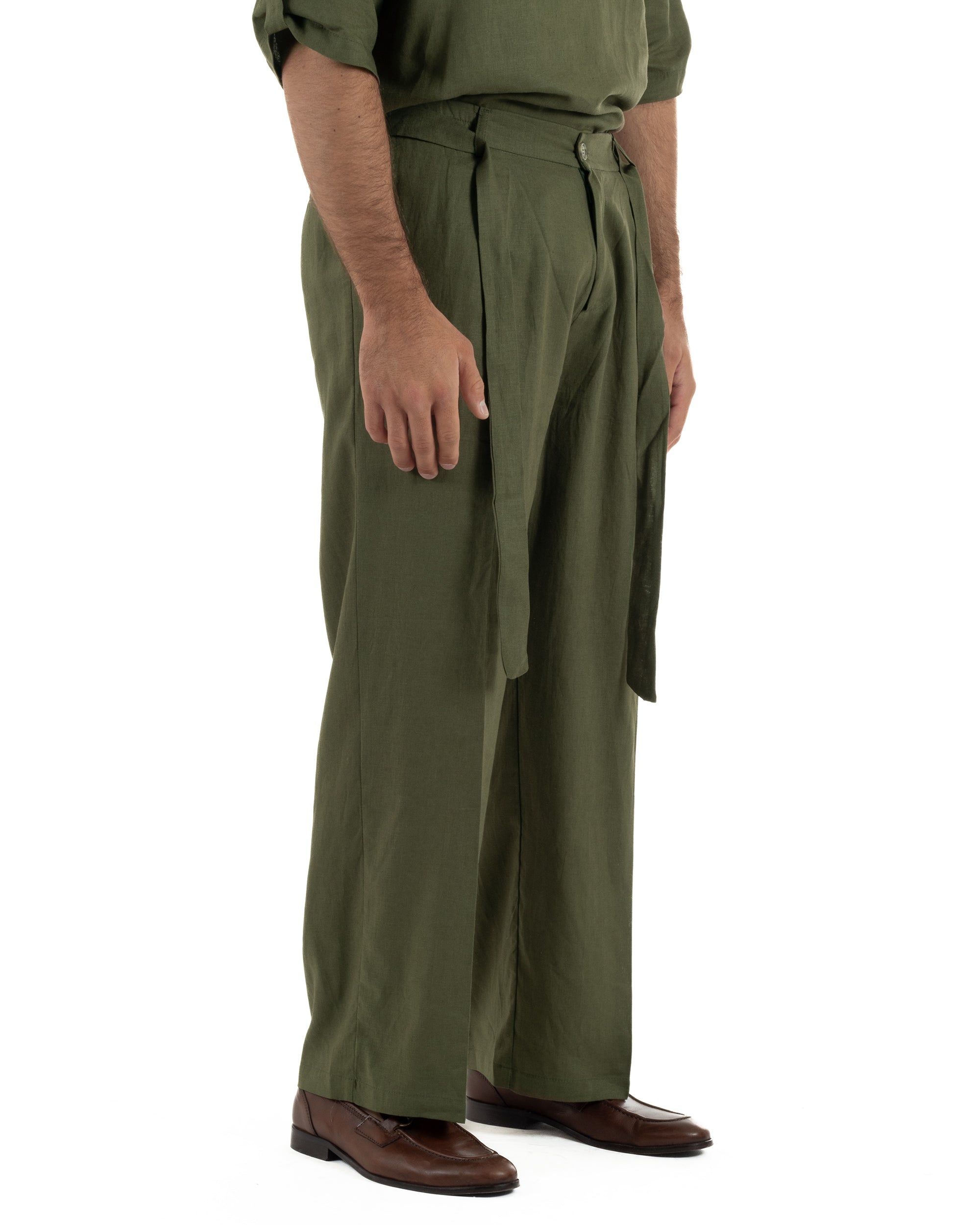 Pantaloni lino uomo baggy fit fondo ampio cintura verde militare GIOSAL-P6499A