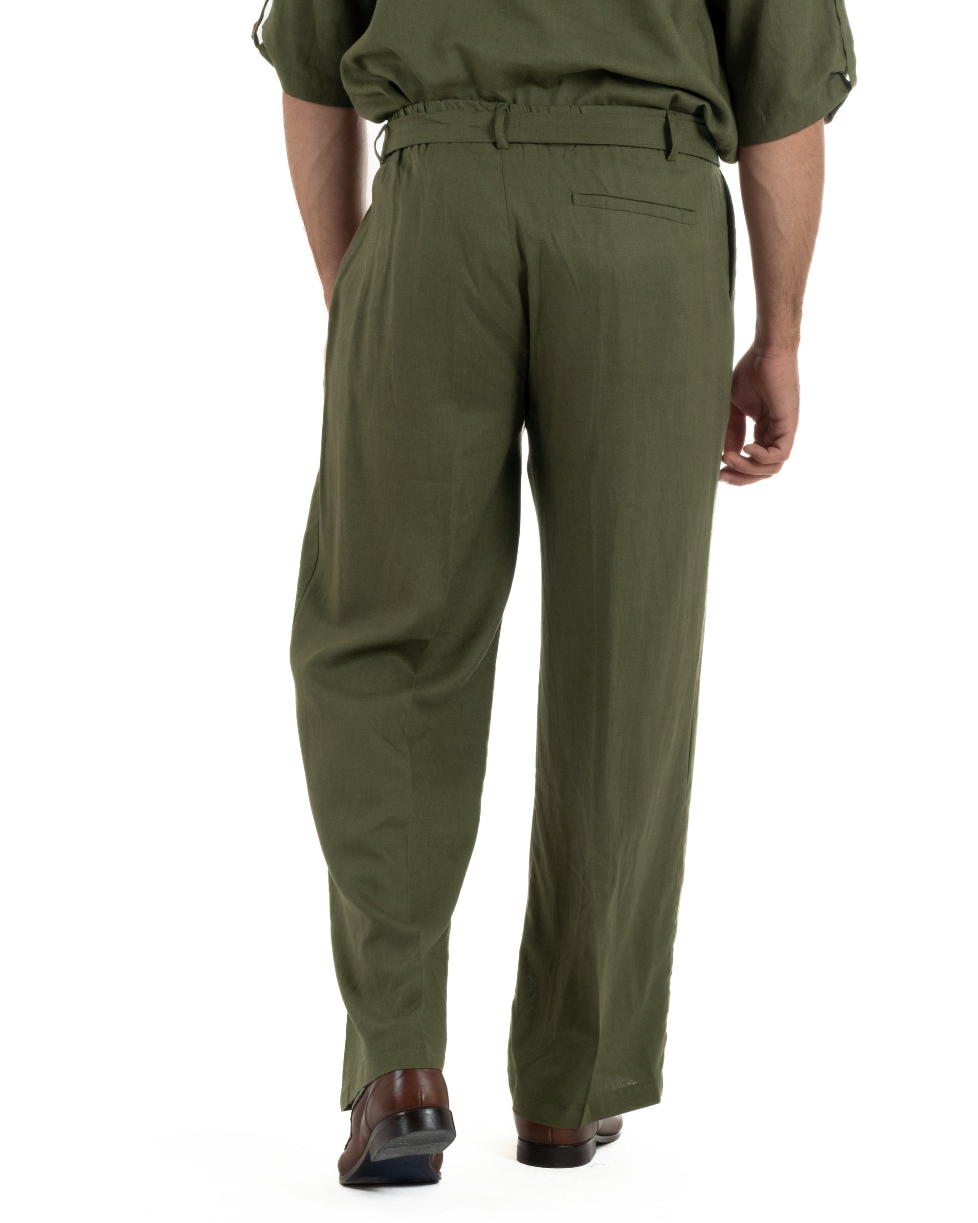 Pantaloni lino uomo baggy fit fondo ampio cintura verde militare GIOSAL-P6499A