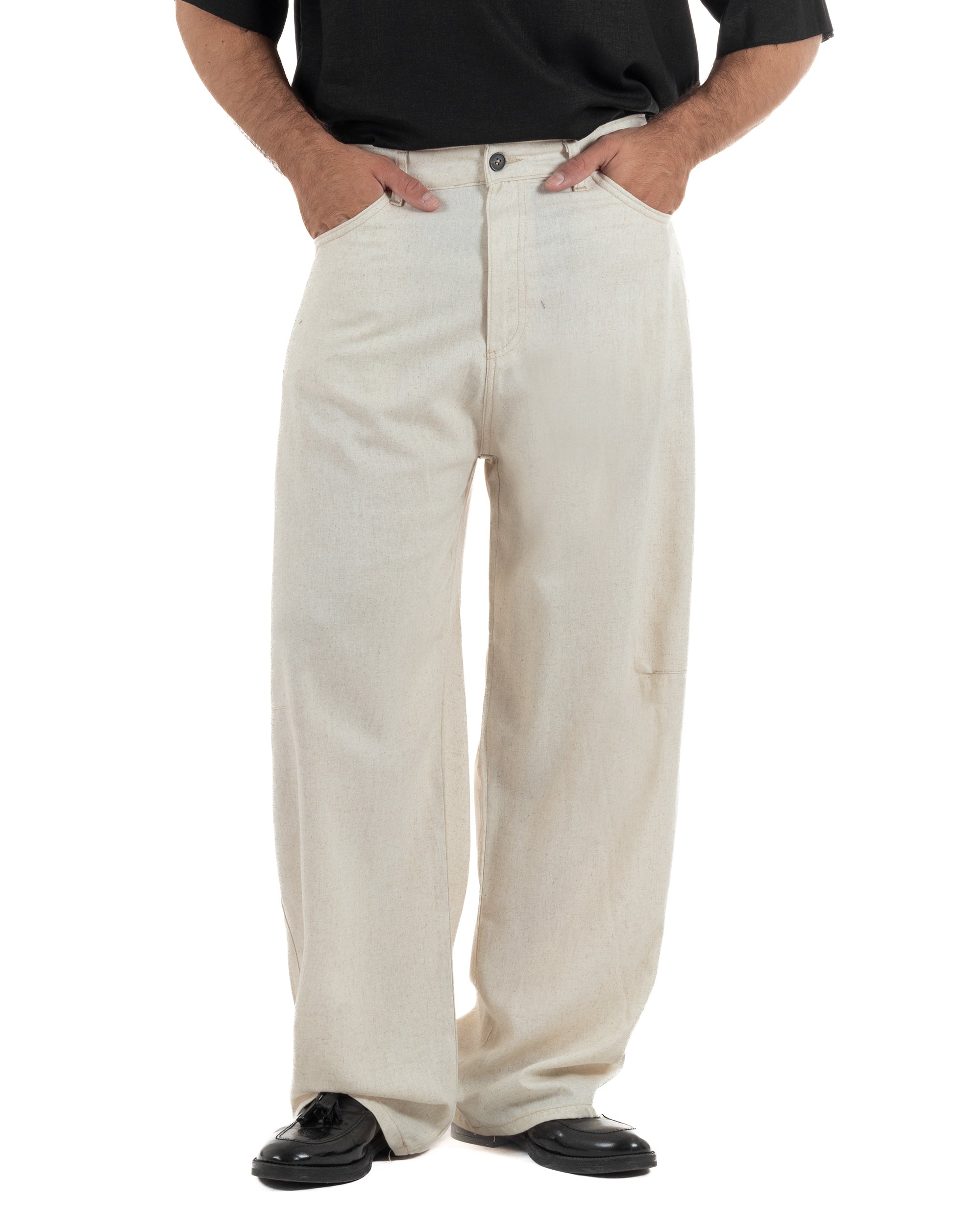 Pantaloni uomo beige lino baggy fit cinque tasche ricamo gamba vita regolare casual elegante