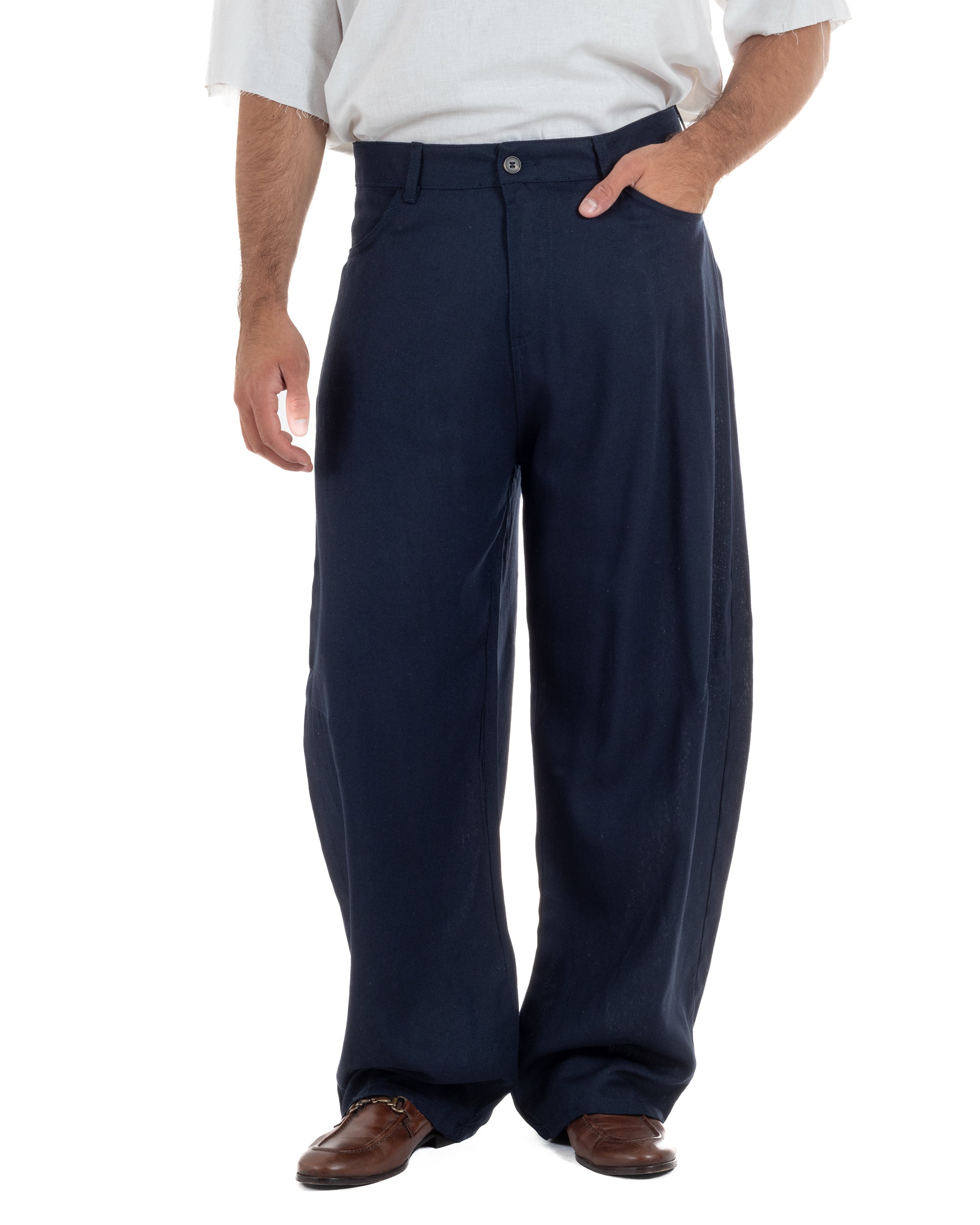 Pantaloni uomo blu lino baggy fit cinque tasche ricamo gamba vita regolare casual elegante